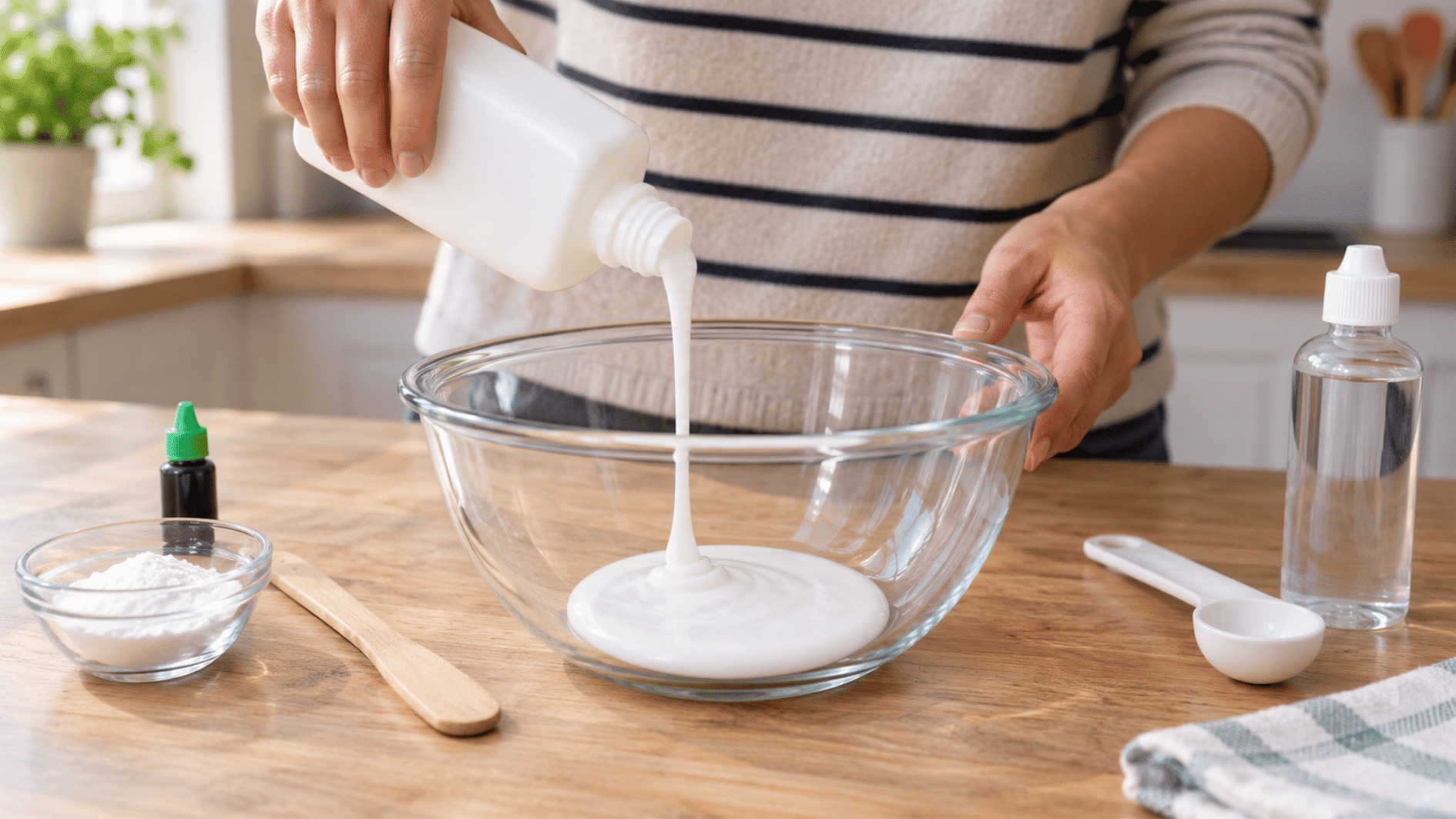 white school glue being poured into a clear bowl as the first step for making homemade slime
