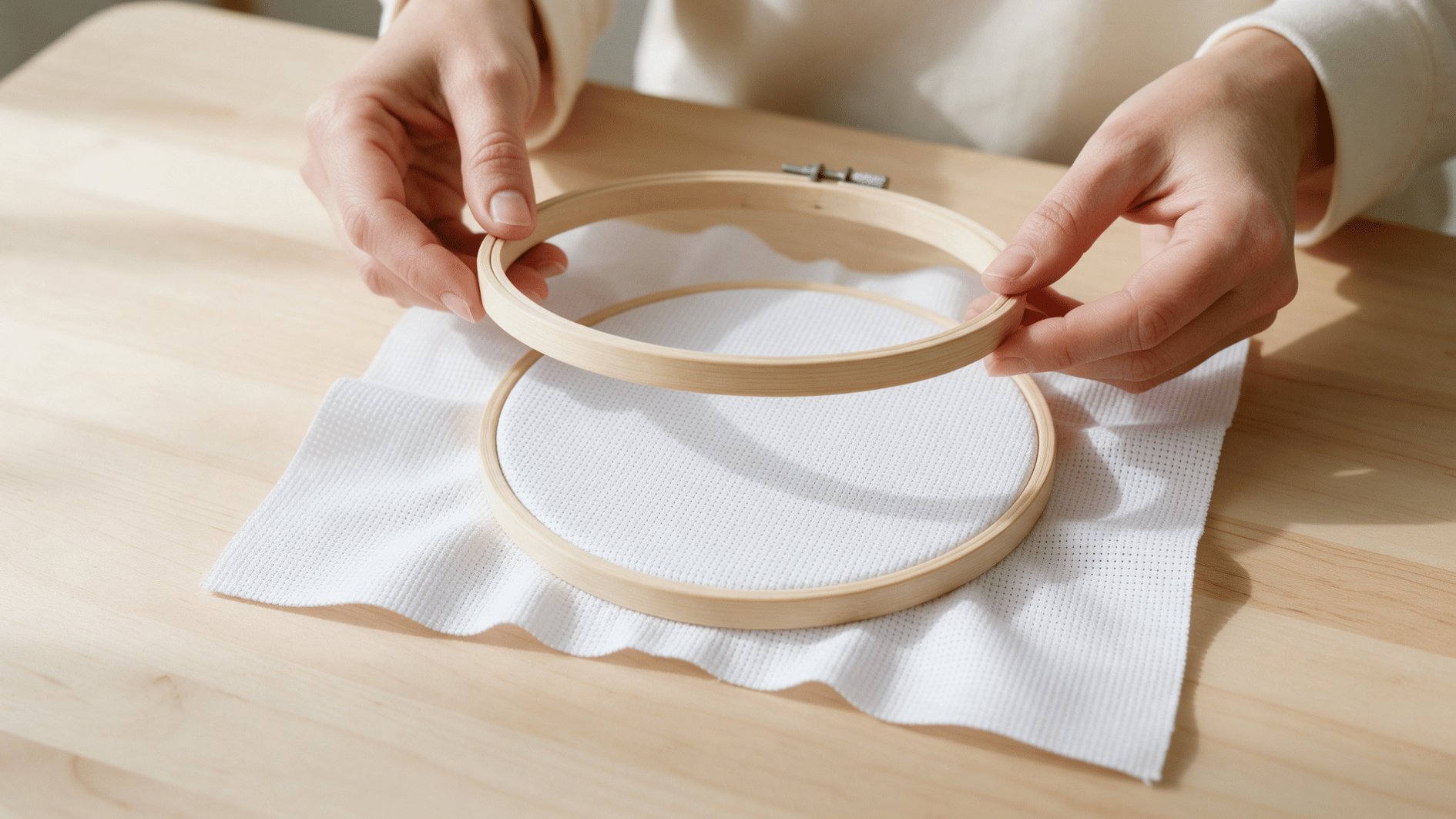 hands positioning white aida cloth over a wooden embroidery hoop before starting cross stitch