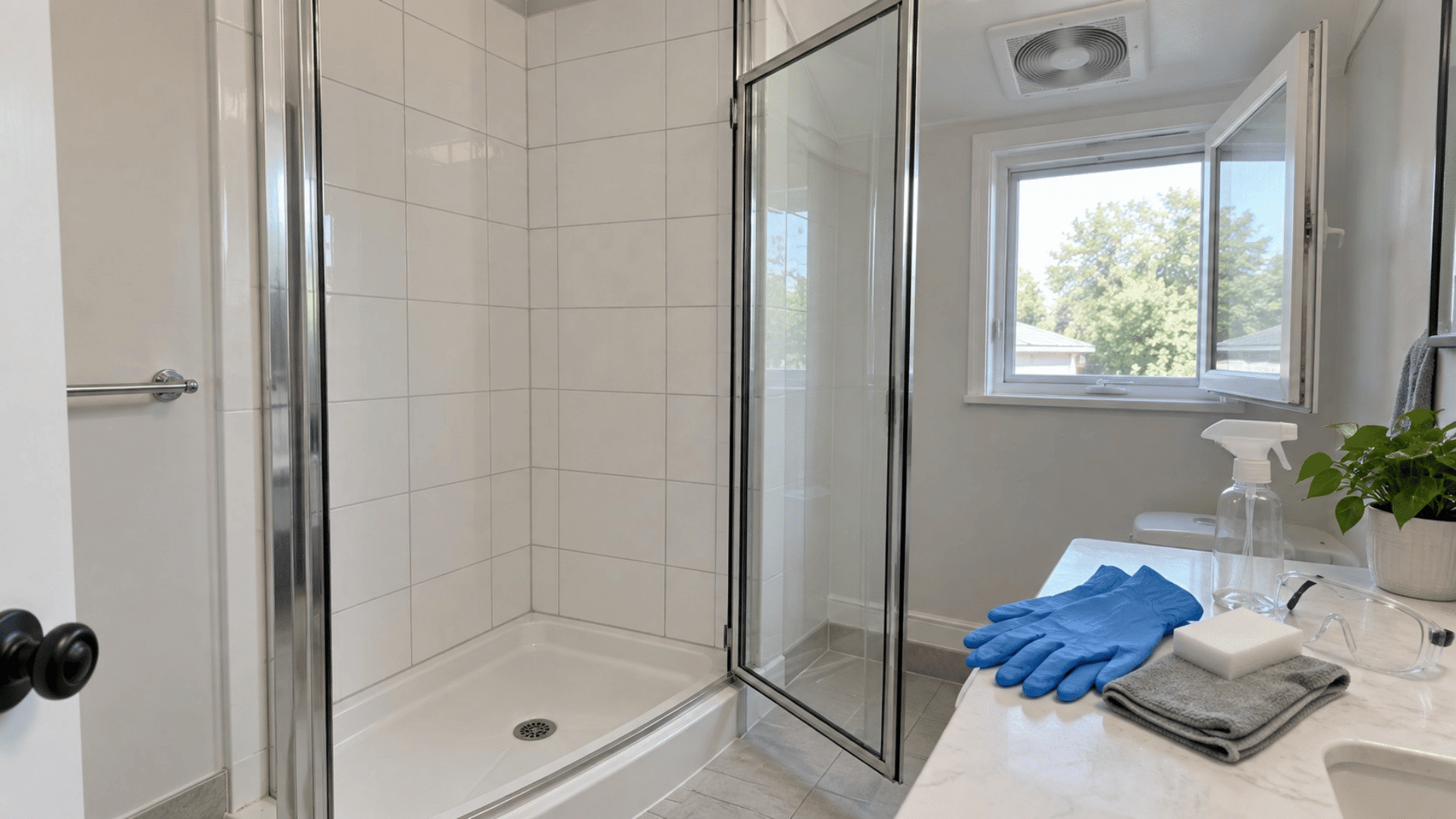clean shower with open window, gloves, spray bottle, sponge, and cloth