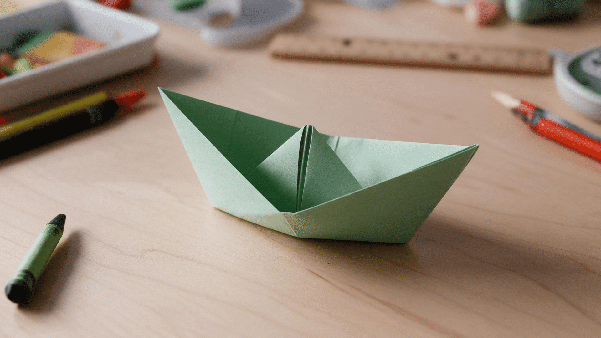 finished green origami paper boat on a wooden table