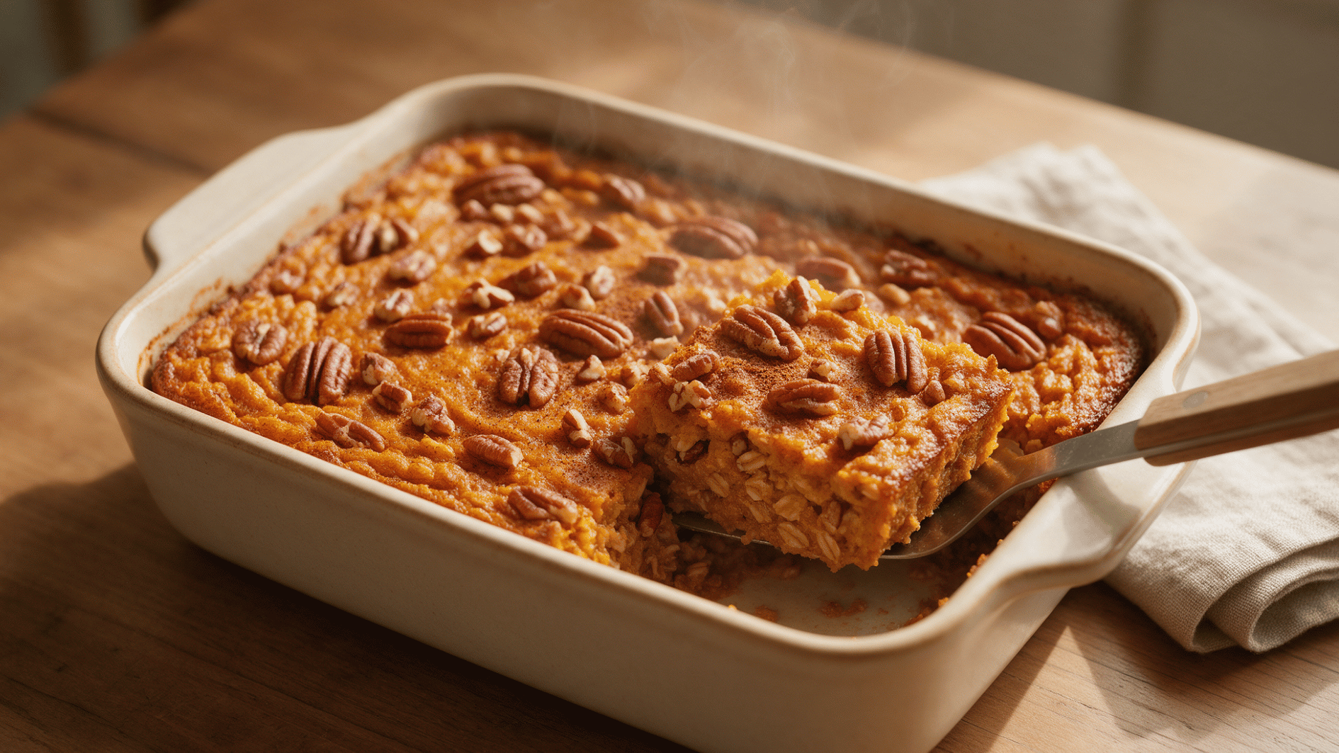 pumpkin spice pecan baked oatmeal with rolled oats, pumpkin puree, and crunchy pecans