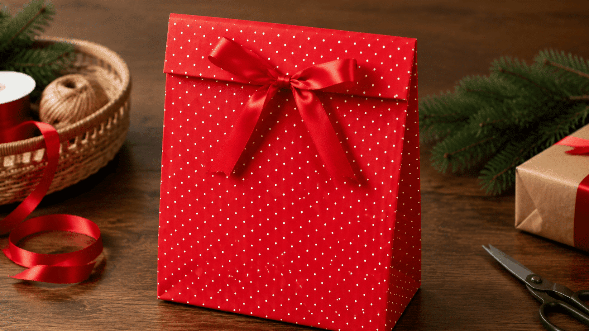 red polka dot gift bag with a red ribbon bow on the top
