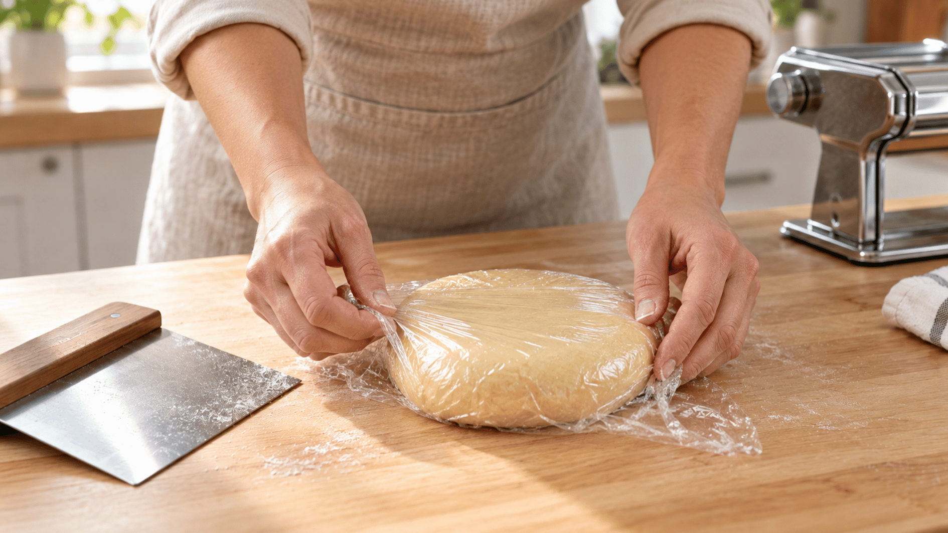smooth pasta dough wrapped in plastic on a wooden counter before resting