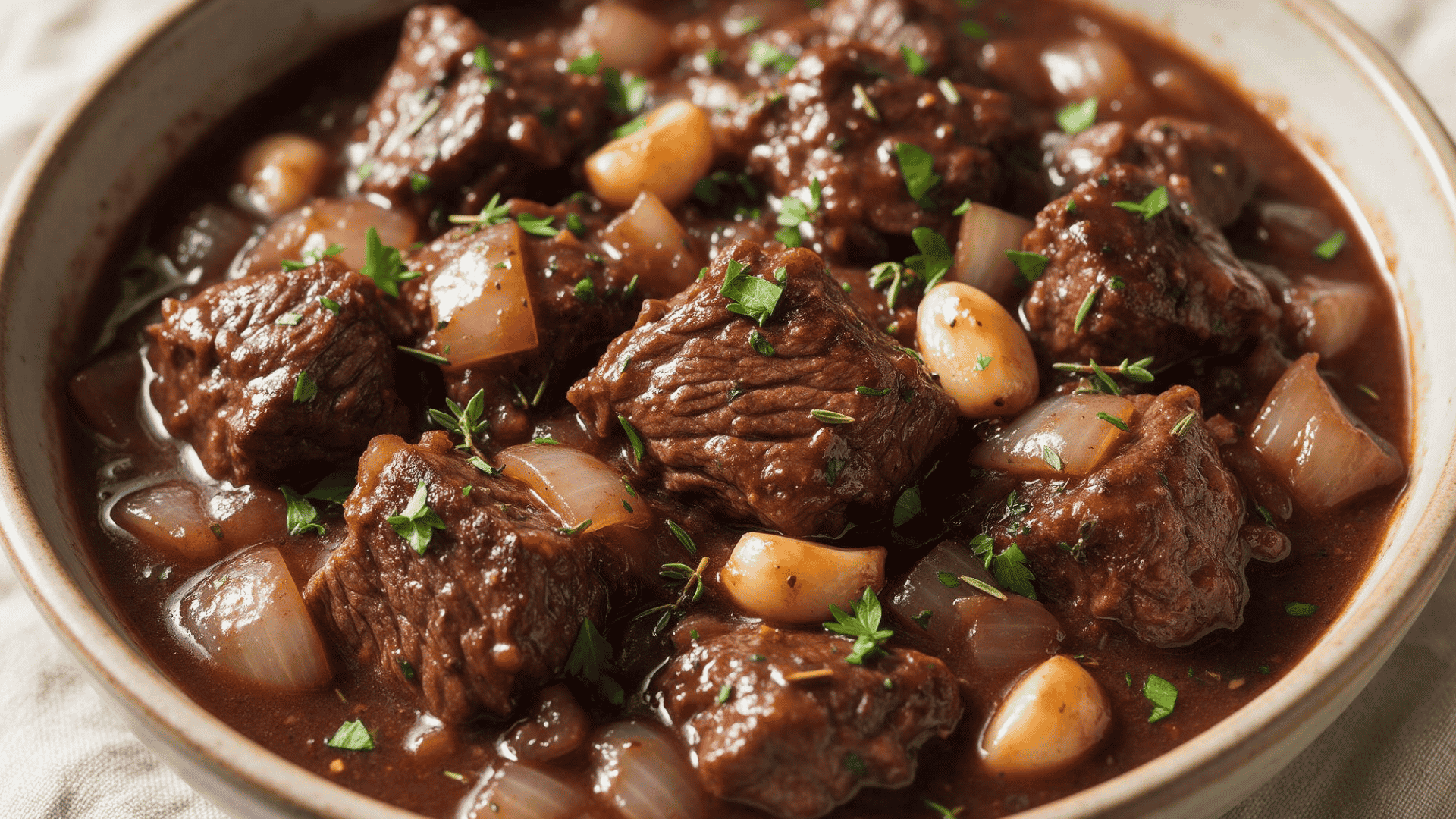 Slow cooker beef stew with beef chunks, potatoes, carrots, onion, and celery in rich brown broth