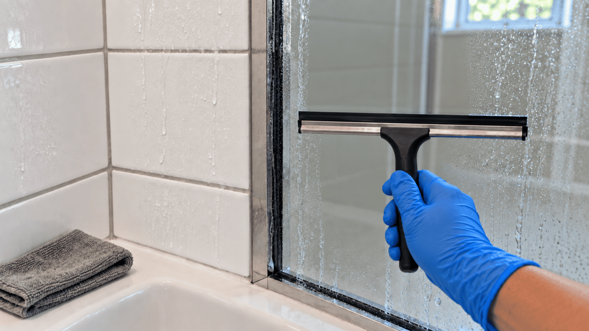 blue-gloved hand drying a wet glass shower door with a squeegee