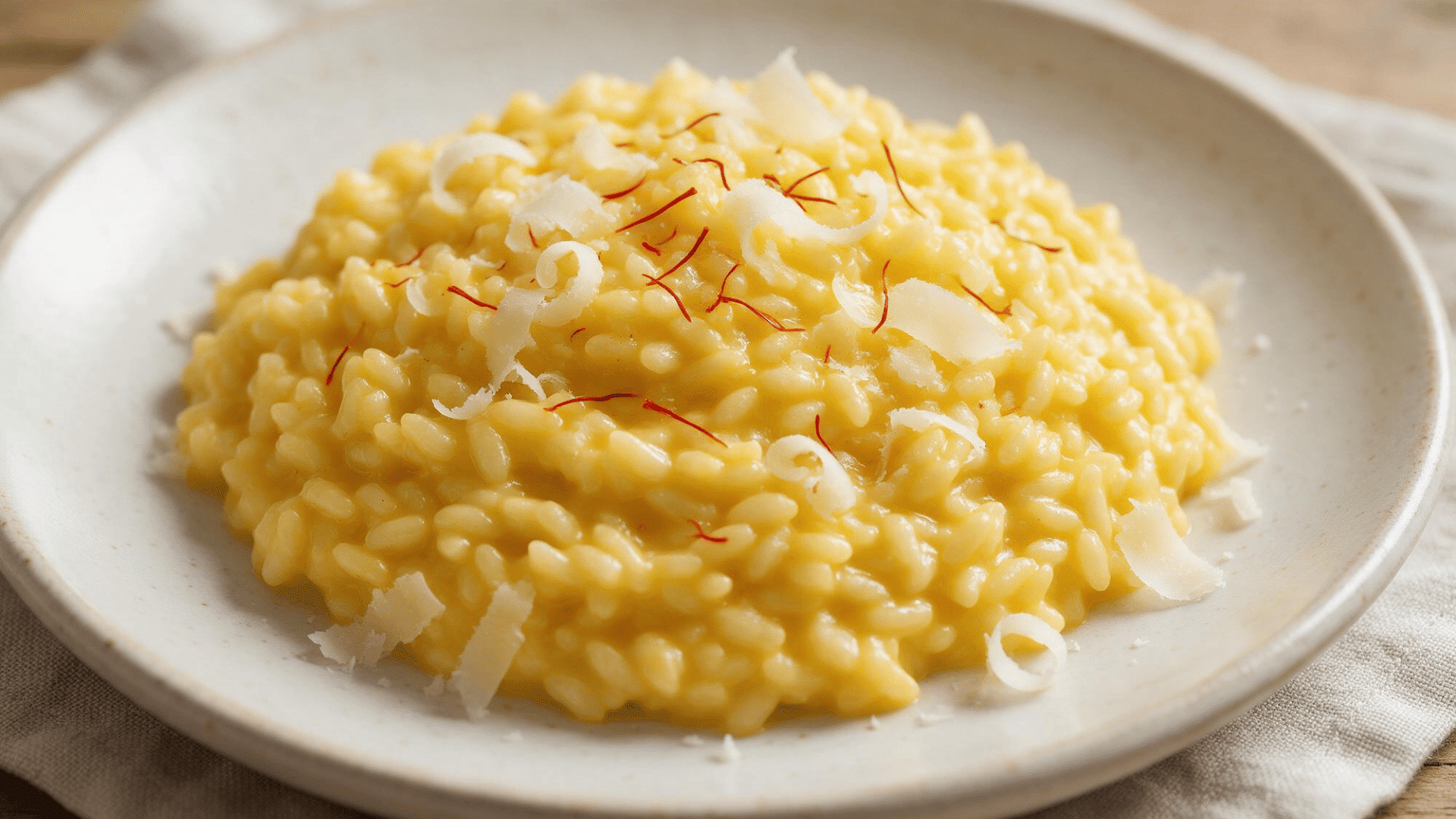 Saffron risotto topped with shaved cheese and saffron threads on a white plate.