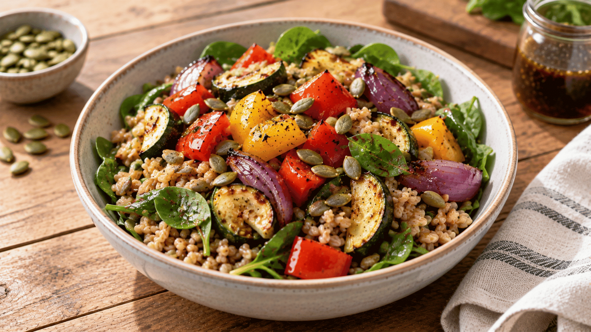 roasted vegetable farro bowl with zucchini peppers spinach pumpkin seeds and balsamic dressing