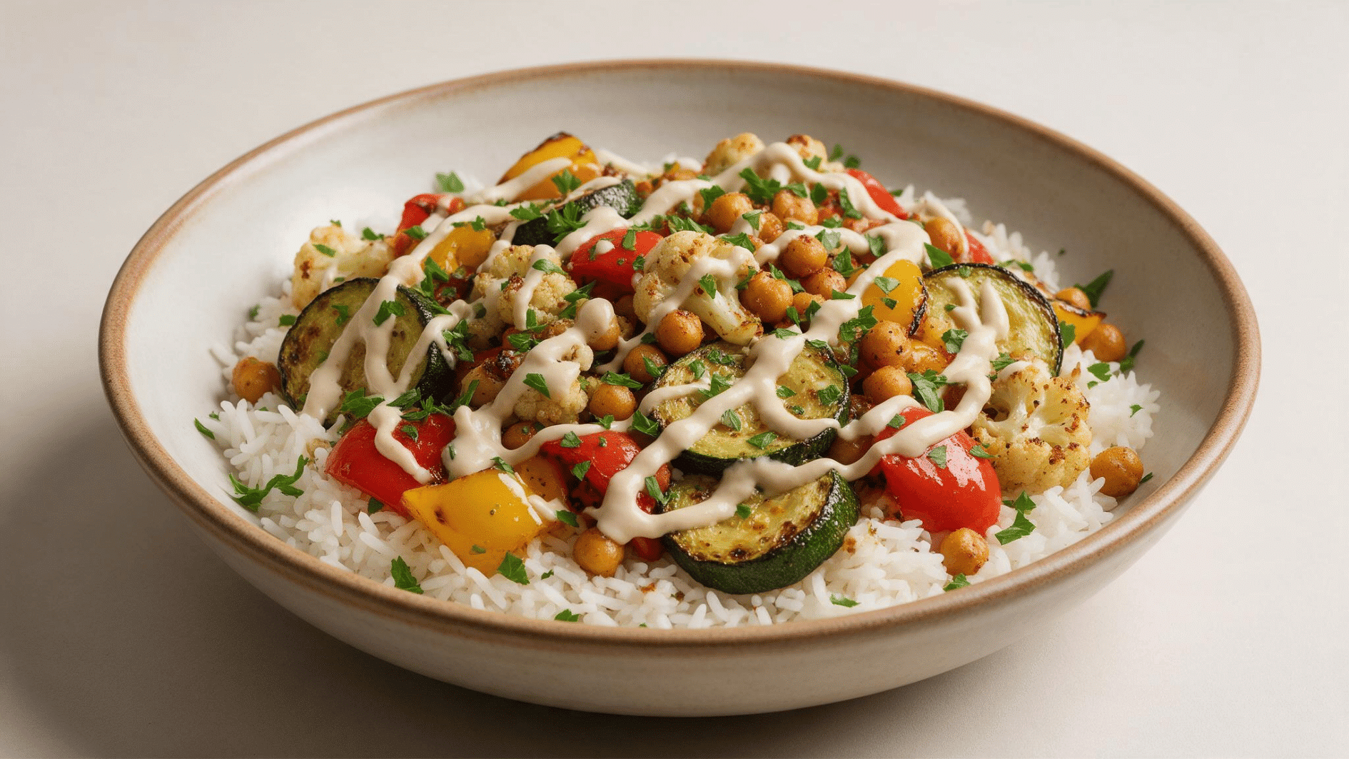 roasted vegetable tahini rice bowl with chickpeas zucchini peppers and cauliflower