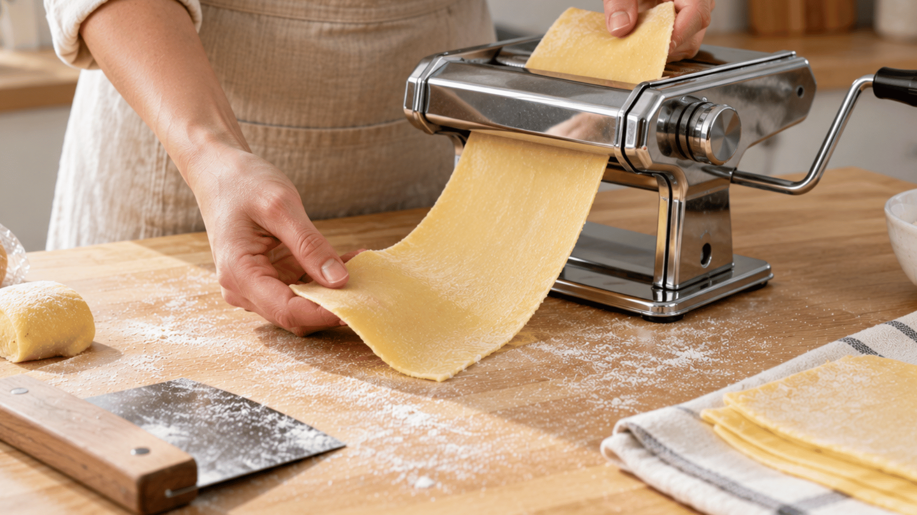 fresh pasta dough being rolled into a thin sheet through a pasta machine