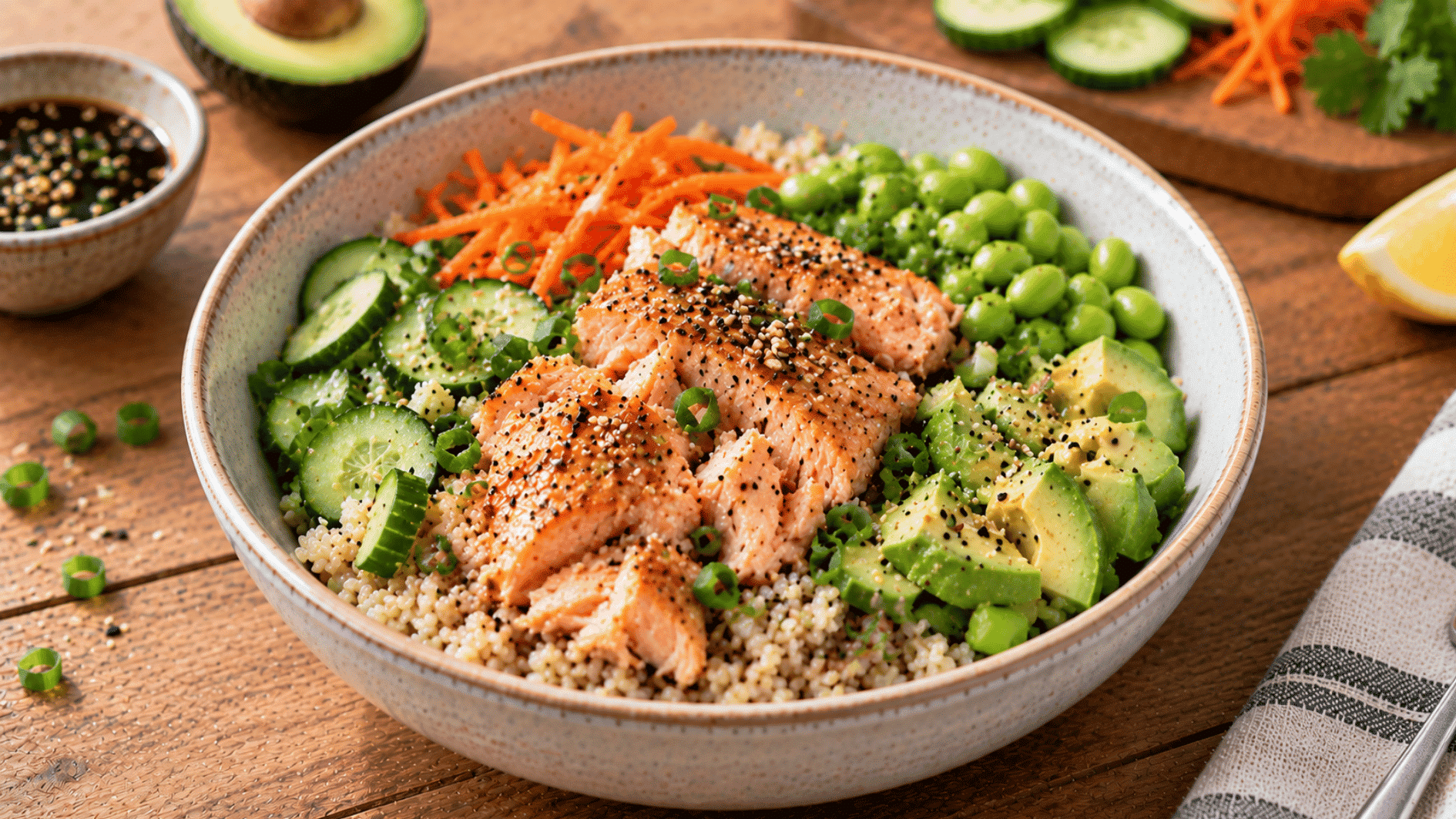 salmon rice grain bowl with cucumber carrots avocado edamame and soy ginger dressing