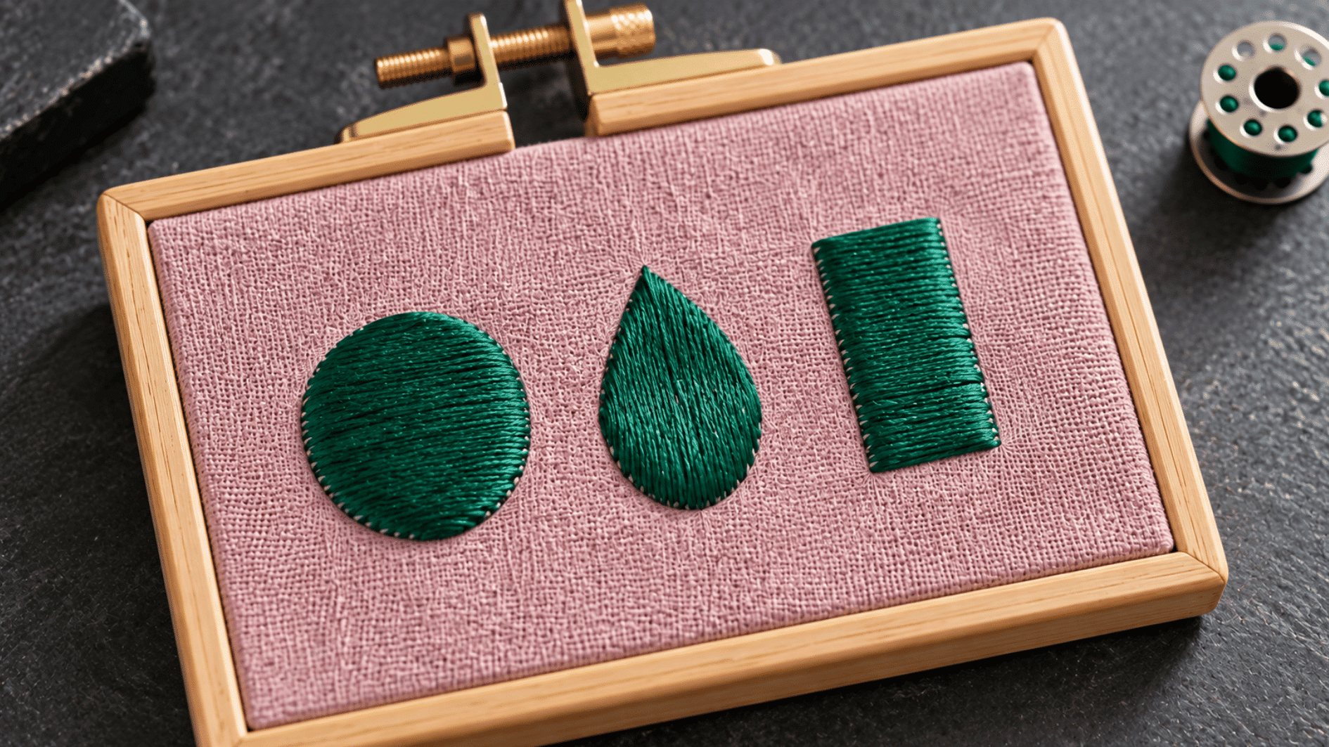 emerald satin stitch embroidery on dusty pink linen showing smooth tightly packed filled shapes