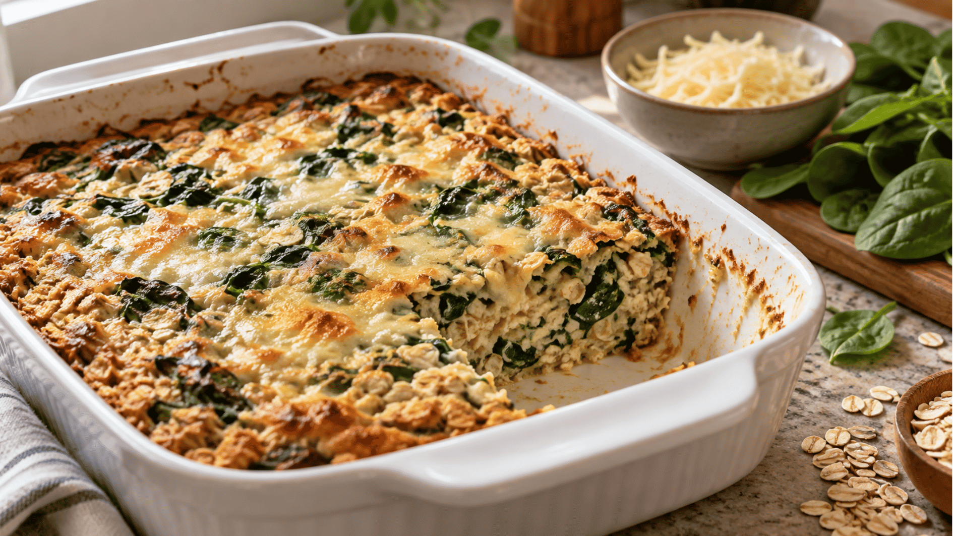 savory spinach baked oatmeal in a baking dish, topped with wilted spinach and a sprinkle of cheese