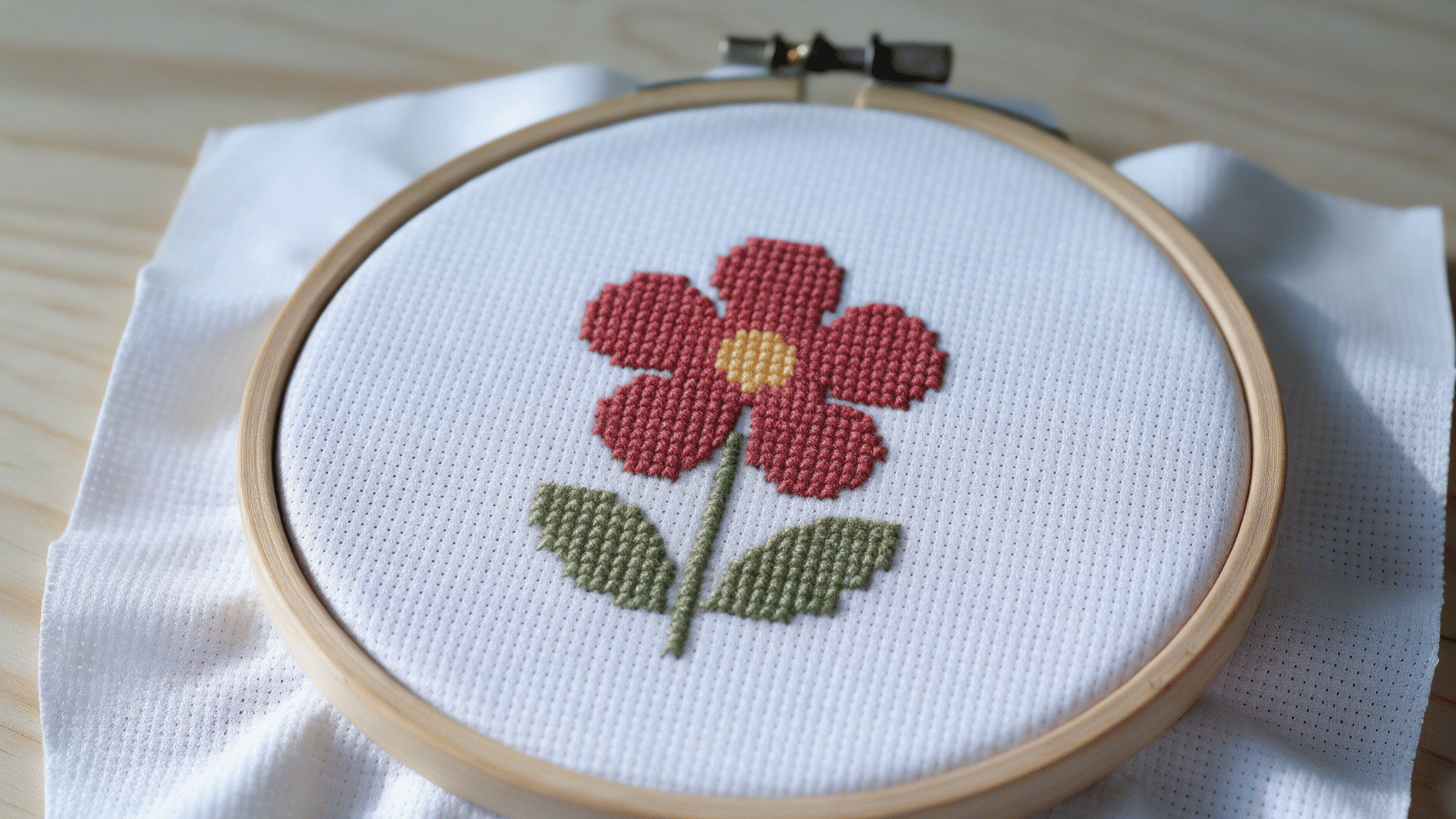 finished five petal cross stitch flower with red petals yellow center green stem and two leaves in a hoop