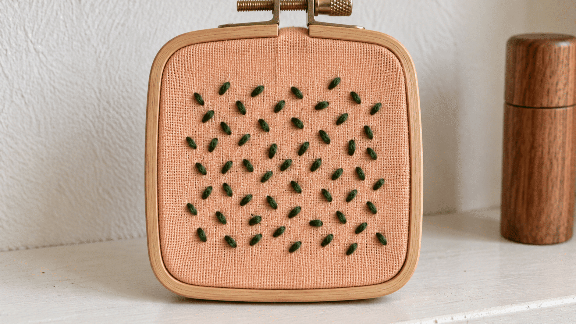 dark green seed stitch embroidery on peach fabric showing small scattered stitches in a simple rectangular area