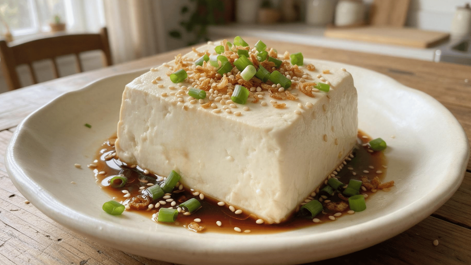 sesame soy cold tofu topped with scallions, sesame seeds and crispy fried onions