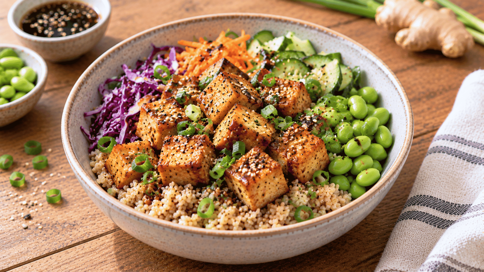sesame tofu brown rice bowl with cabbage carrots cucumber edamame and ginger dressing