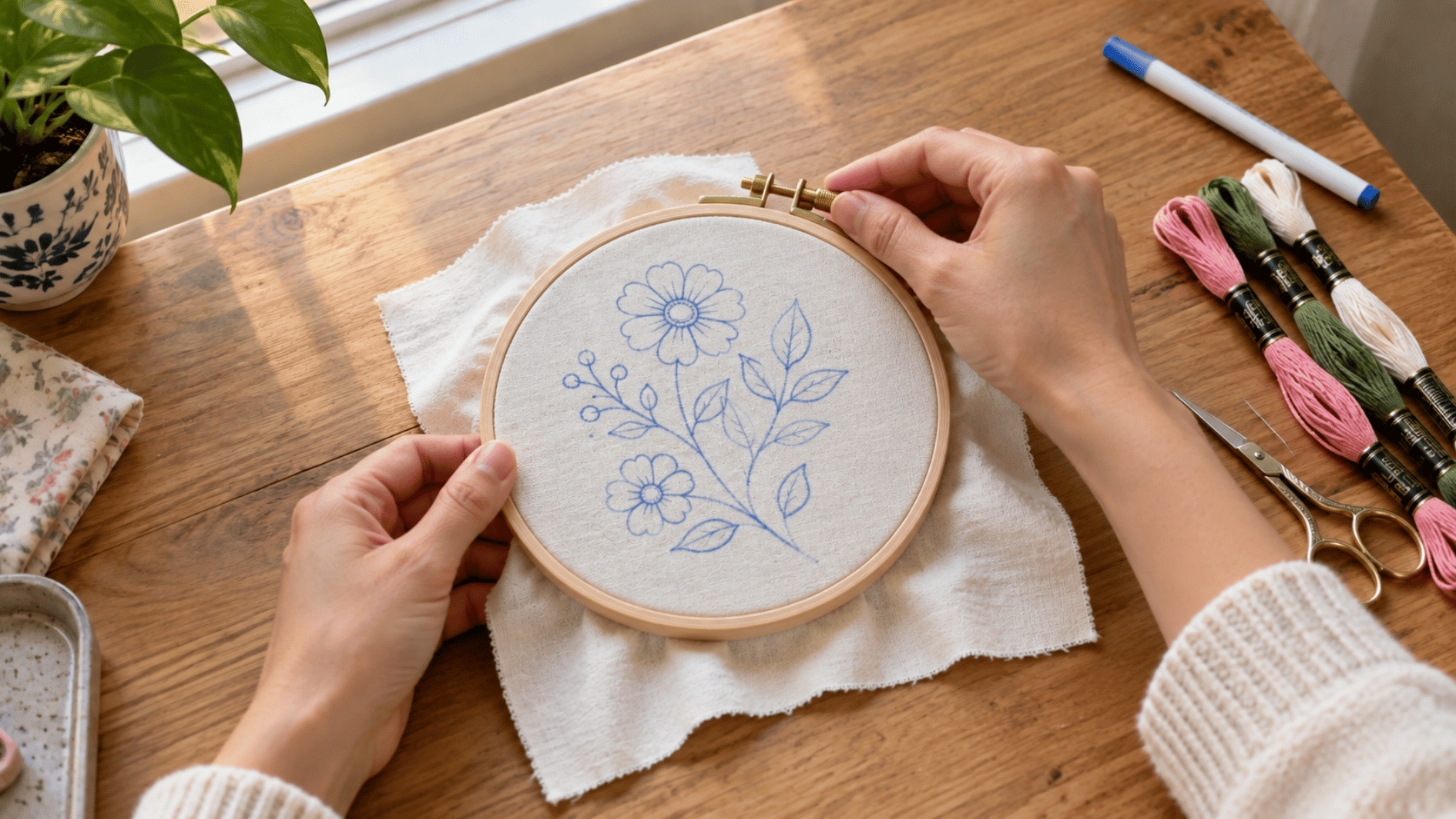 adult hands securing marked cotton fabric inside a wooden embroidery hoop before beginning the first stitches