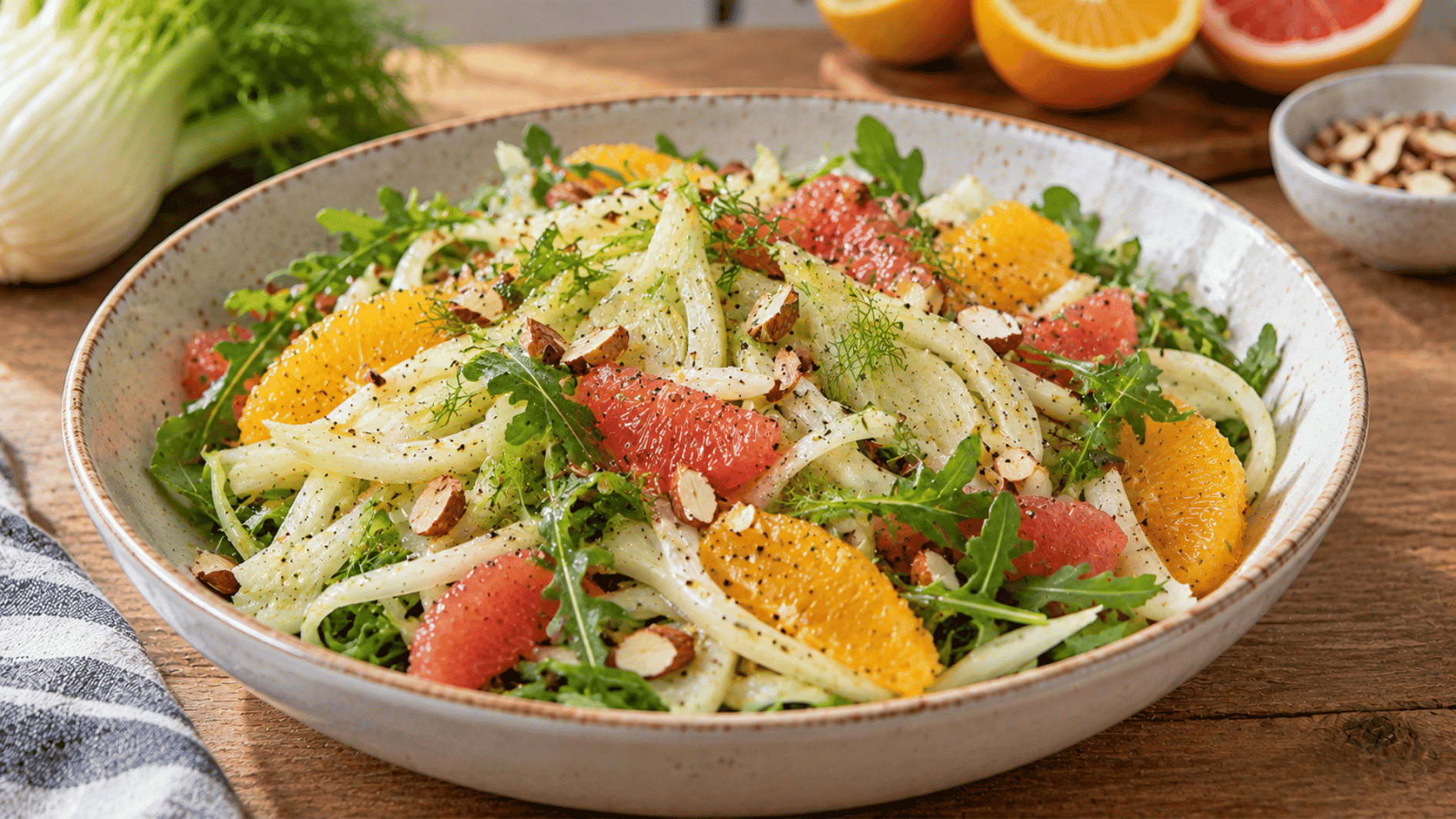 fennel and citrus salad with arugula, orange, grapefruit, and sliced almonds