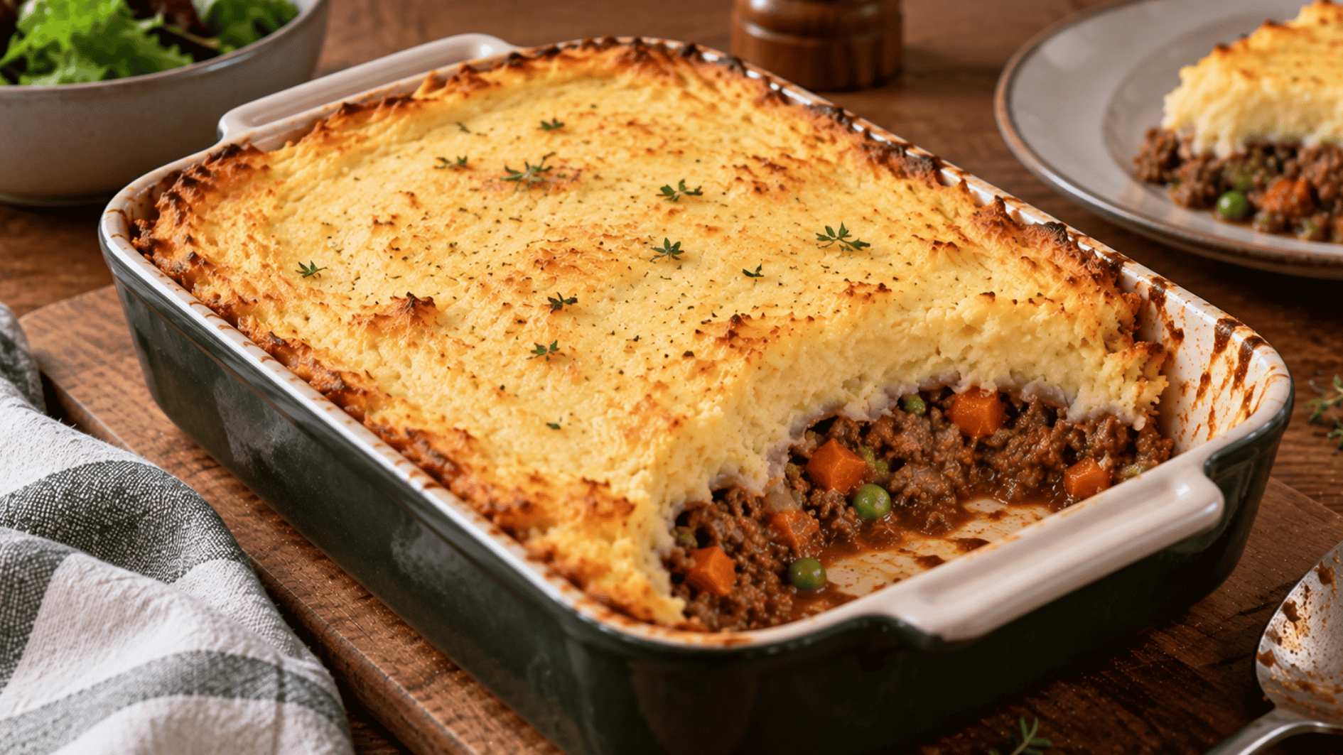 homemade shepherd’s pie with golden mashed potato topping and savory lamb, peas, and carrots