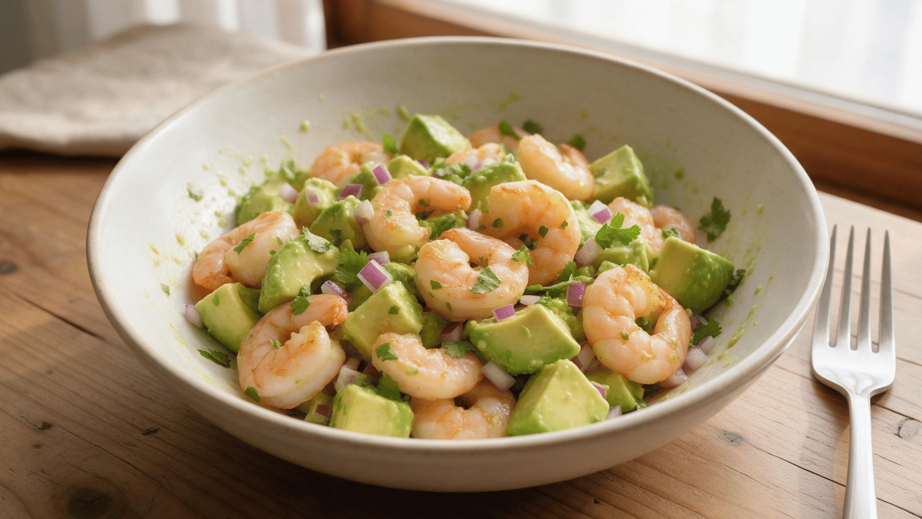 shrimp avocado salad with red onion cilantro and lime dressing served in a speckled ceramic bowl