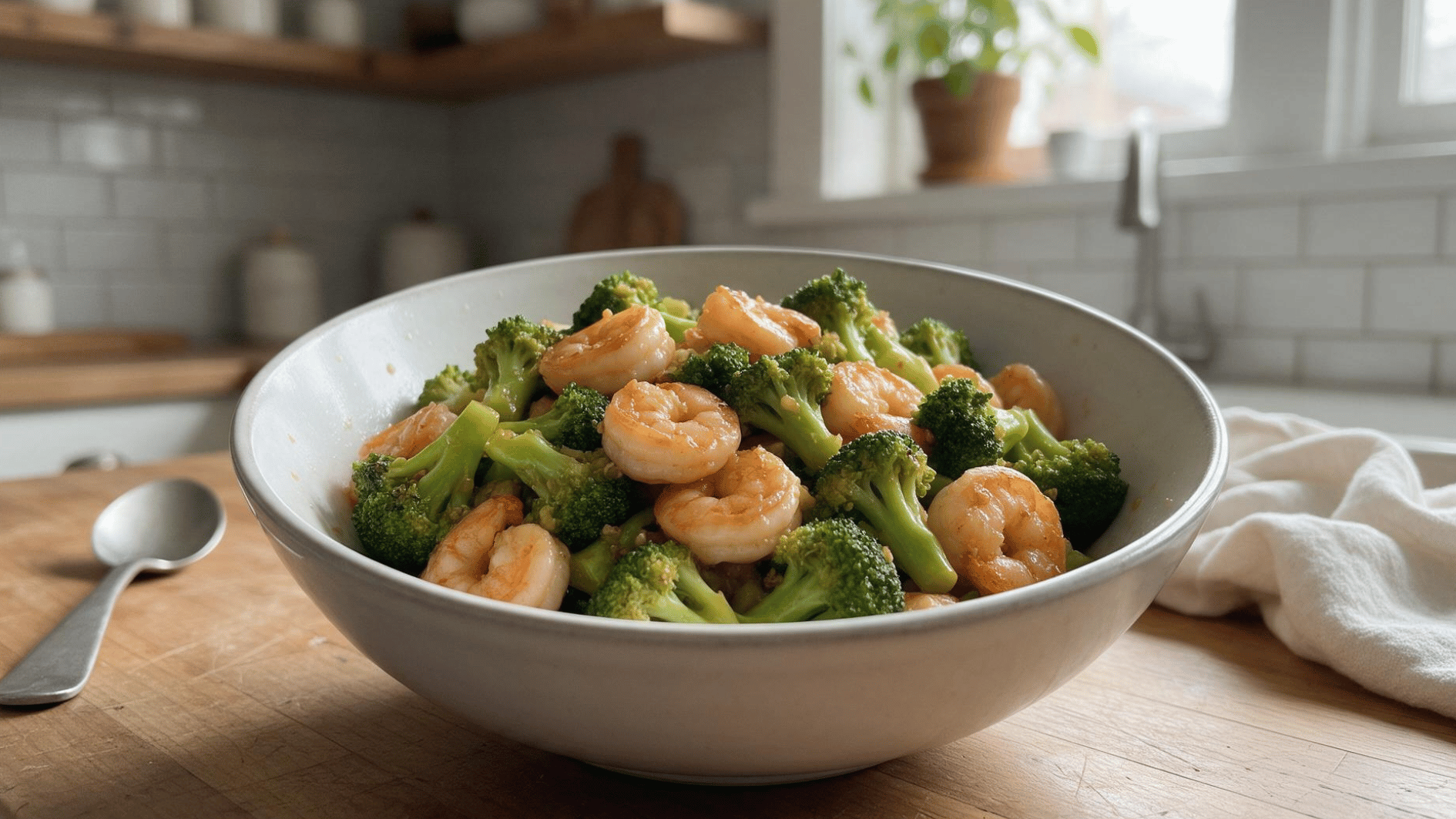 shrimp and broccoli stir fry with garlic ginger sauce served in a wide dark ceramic bowl