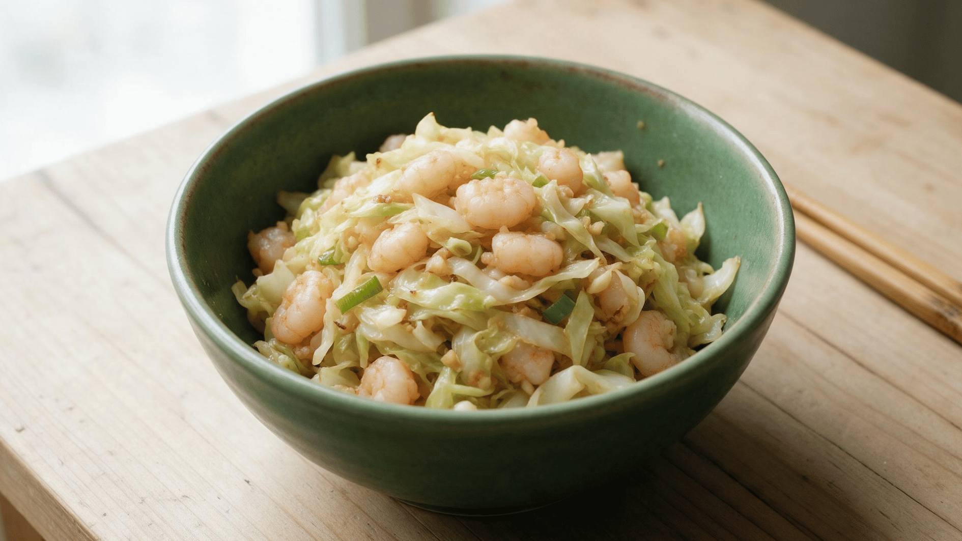 shrimp egg roll bowl with cabbage scallions garlic and ginger in a ceramic bowl