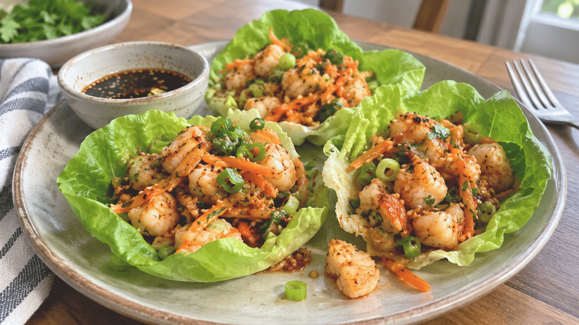 shrimp lettuce wraps filled with seasoned shrimp carrots and scallions served with a savory dipping sauce