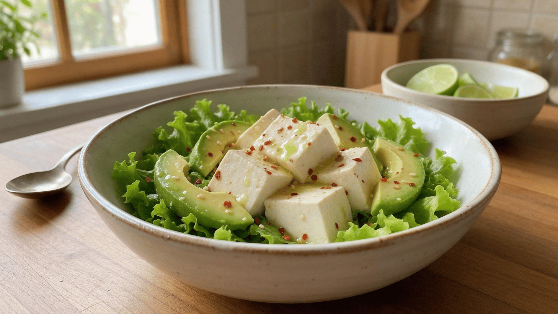 silken tofu avocado bowl with lime chili flakes and sesame seed topping