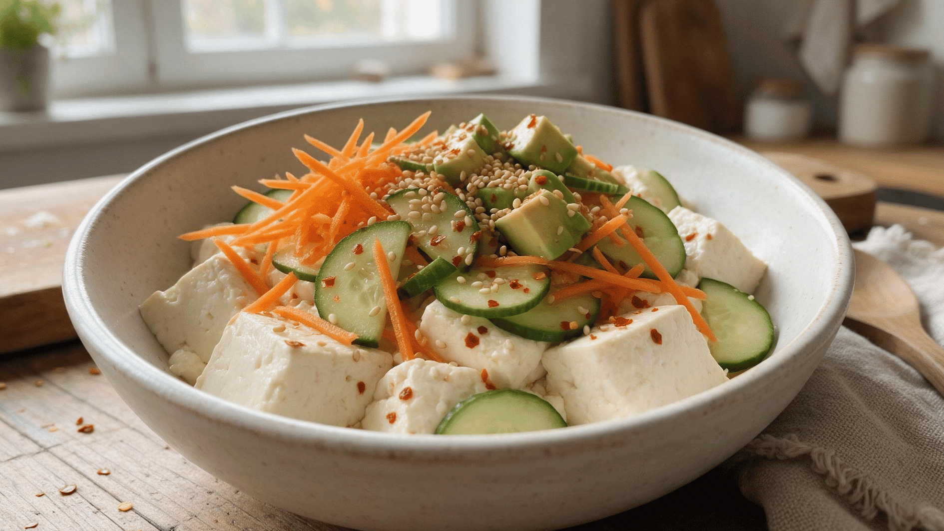 savory silken tofu bowl with cucumber carrots avocado and sesame toppings