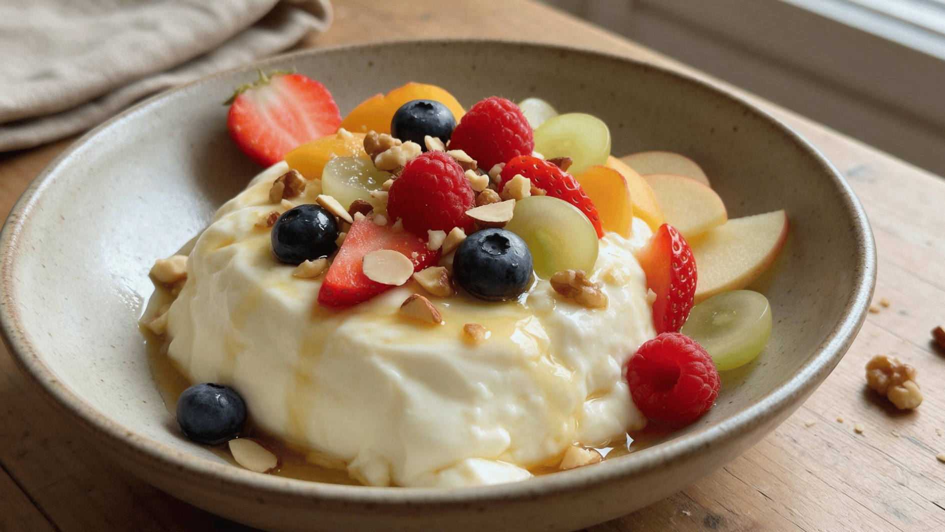 sweet silken tofu dessert with berries honey drizzle fruit and chopped nuts