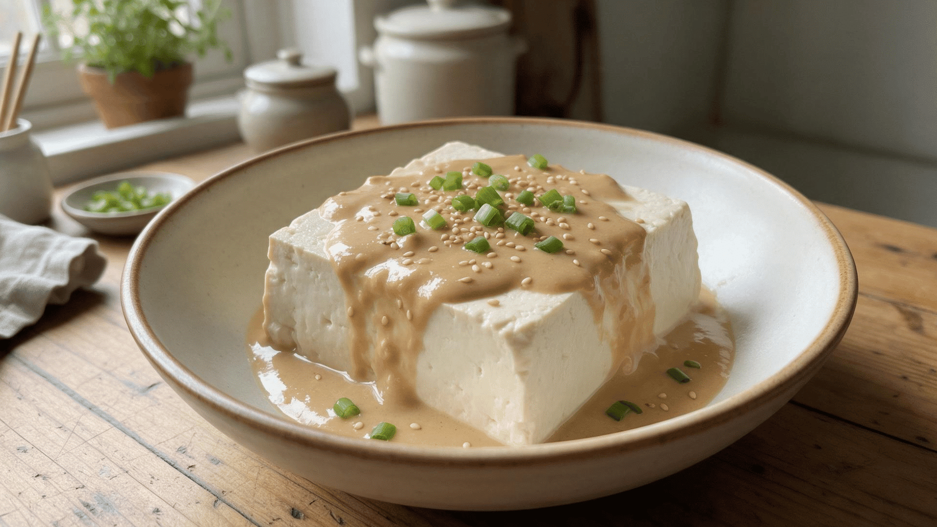 silken tofu with creamy miso dressing sesame seeds and green onion topping