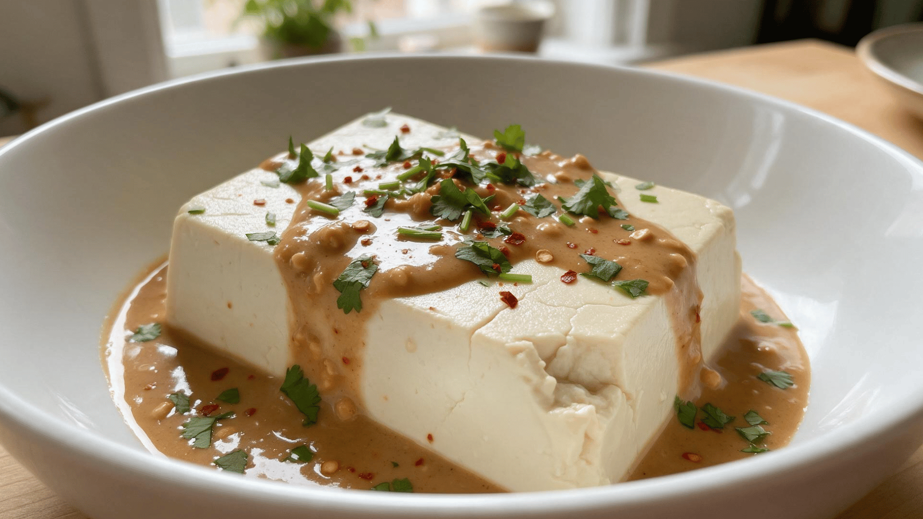 silken tofu with creamy peanut sauce chili flakes and fresh cilantro garnish