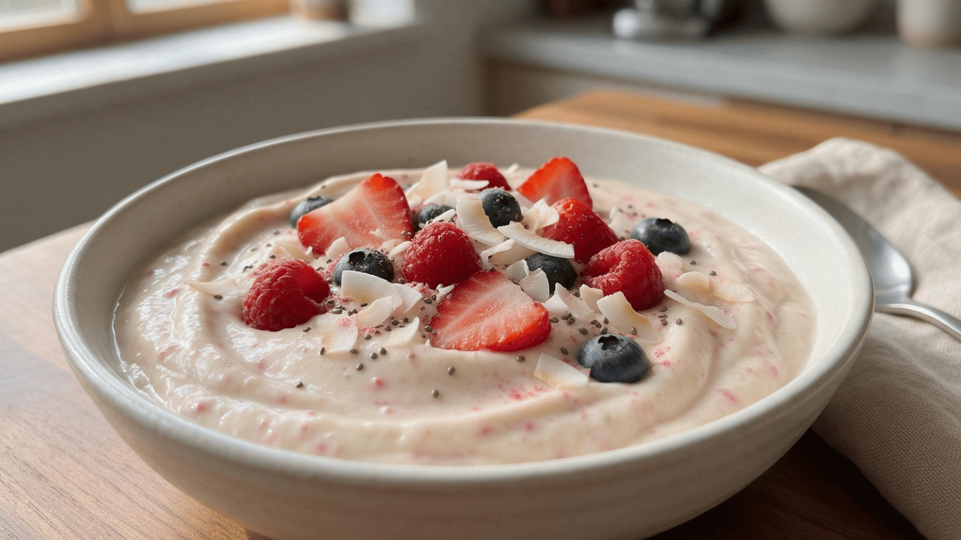 sweet silken tofu dessert with fresh berries, coconut flakes, and creamy texture
