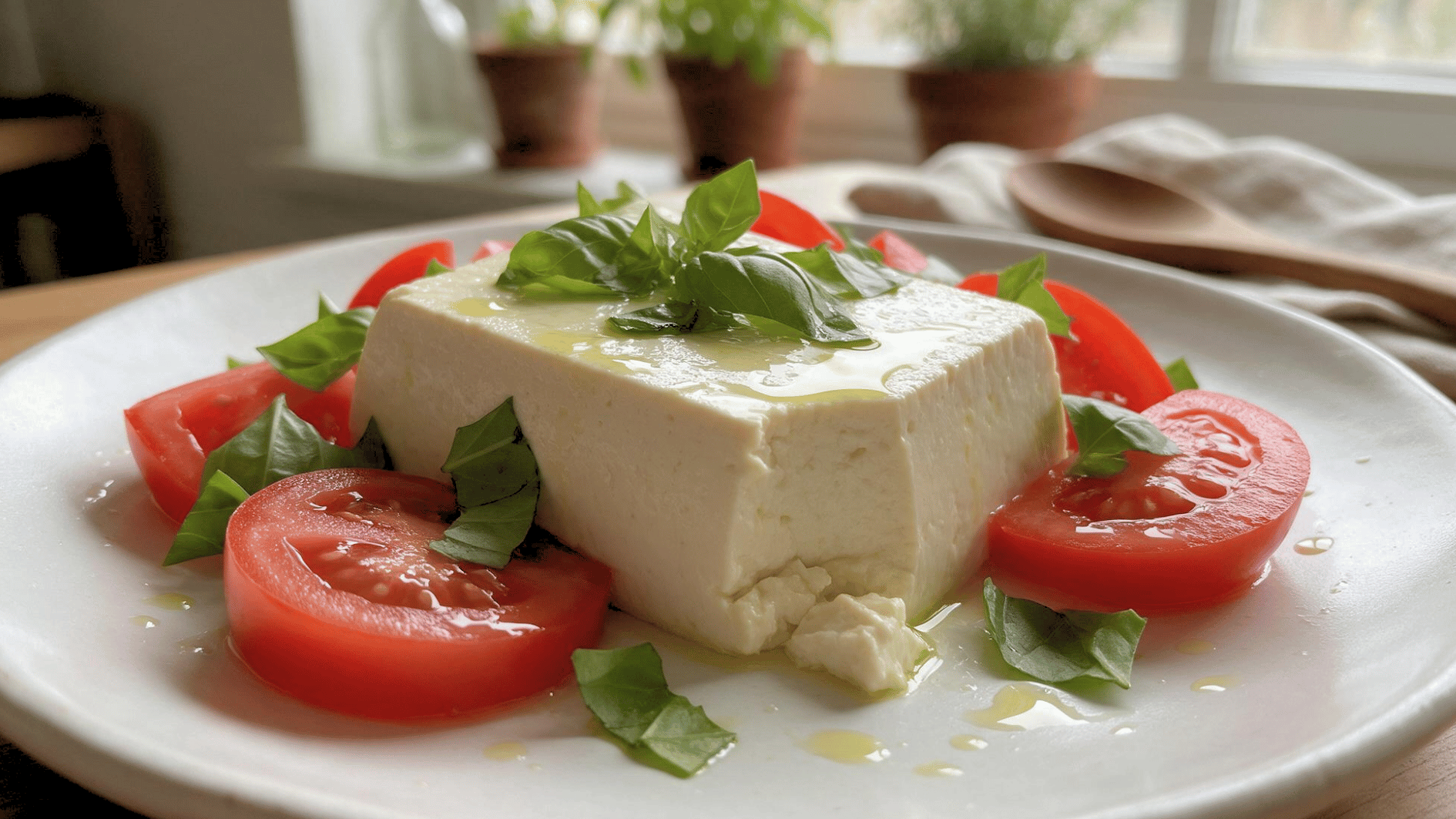 silken tofu with tomato slices fresh basil and olive oil drizzle