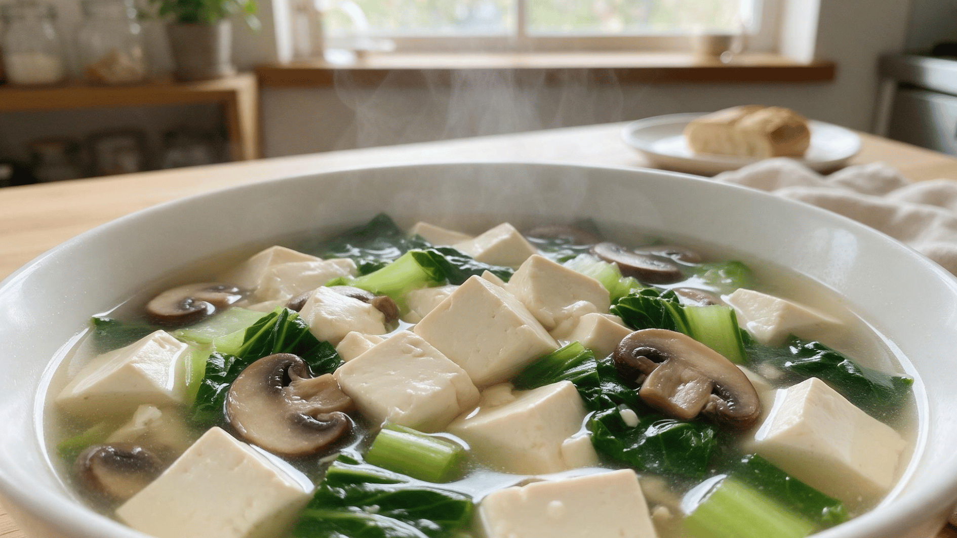 warm silken tofu vegetable soup with mushrooms leafy greens and clear broth