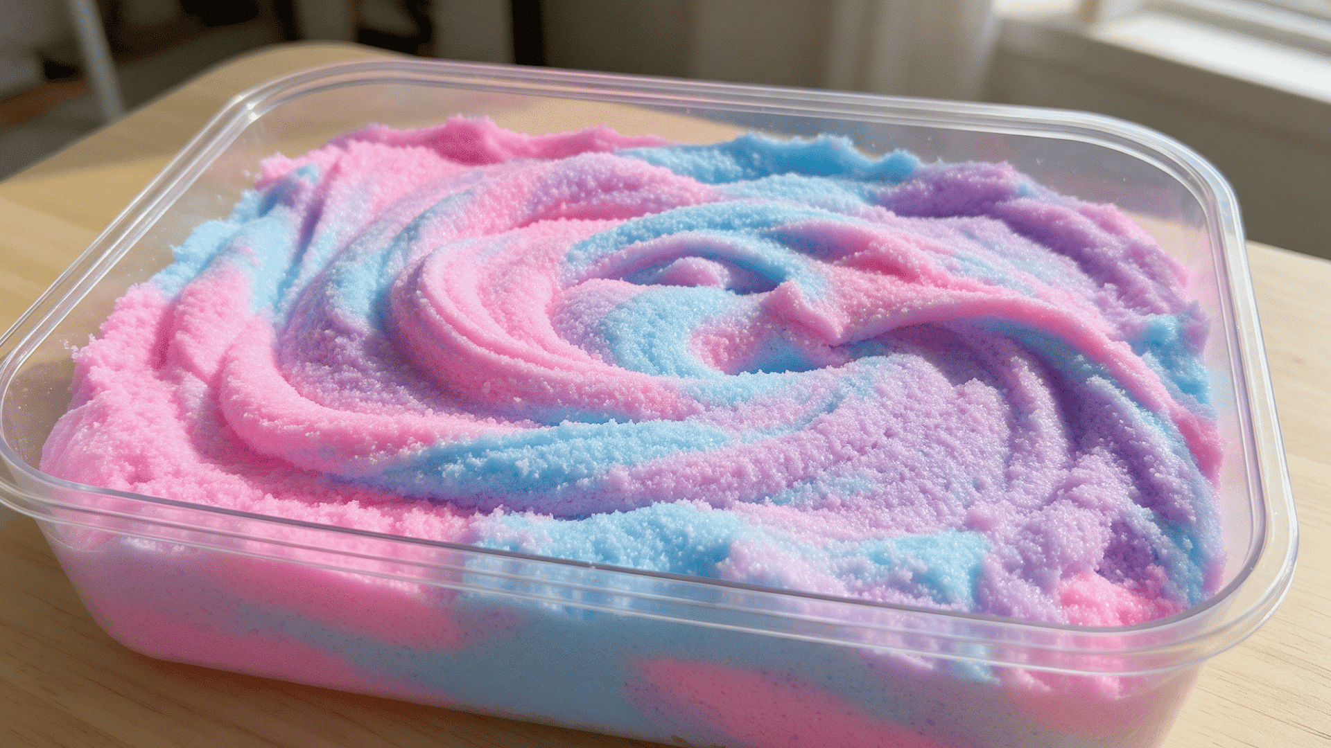 snow fizz slime with fine artificial snow particles and a grainy texture in a clear container