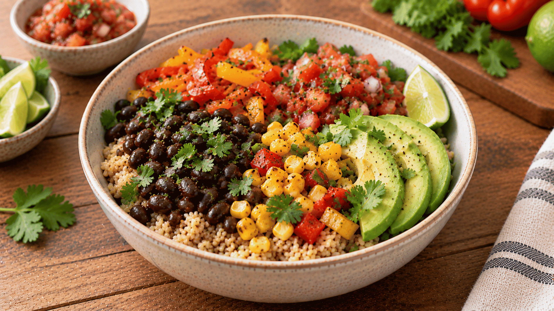 southwest black bean rice bowl with corn peppers avocado salsa cilantro and lime