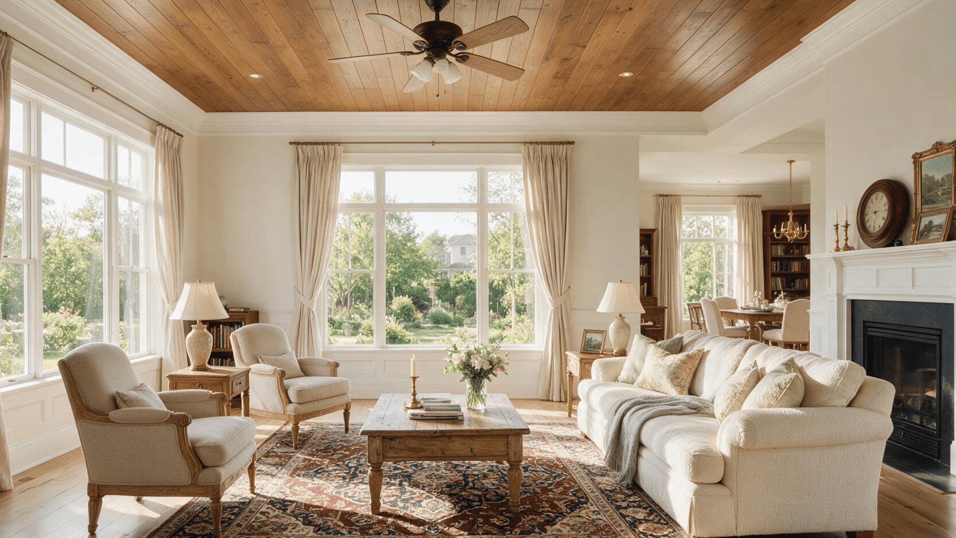 spacious living room with white crown molding and wood ceiling details