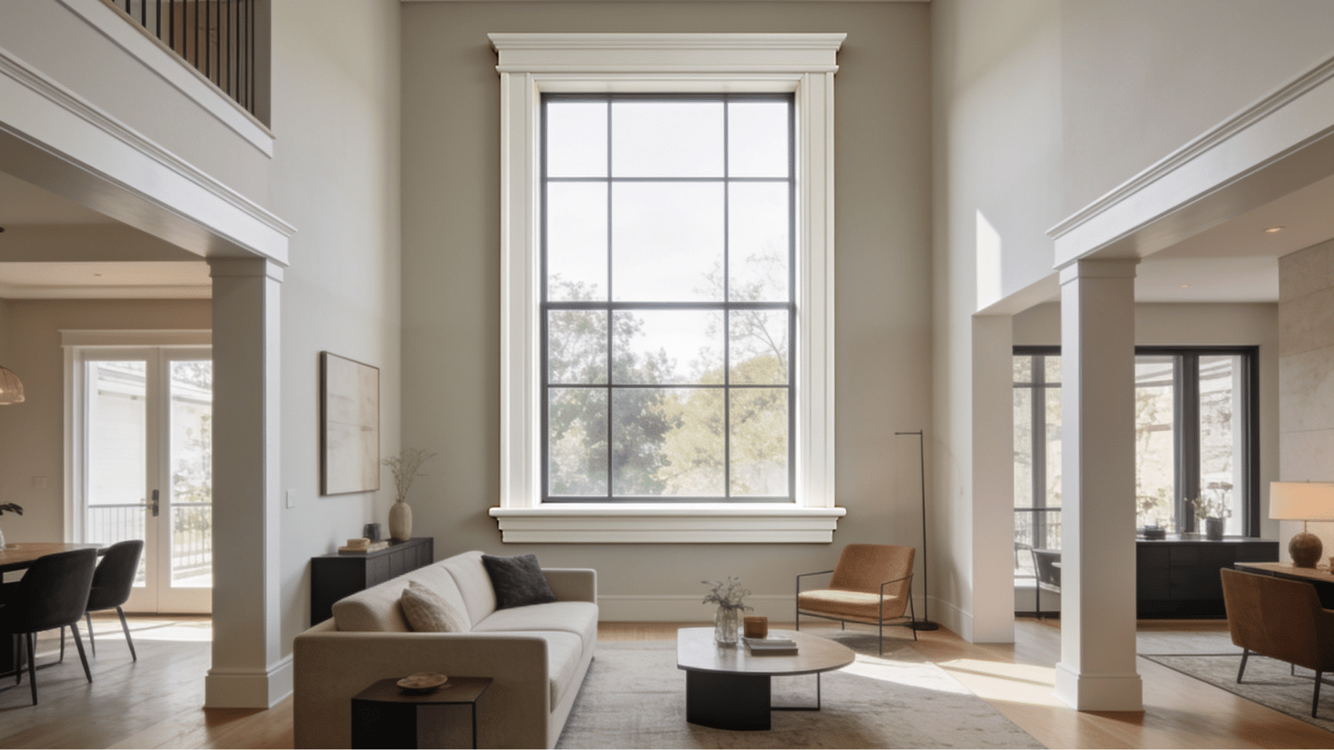 spacious modern room with wide board window trim around a large window and thick casing complementing tall ceilings and decor