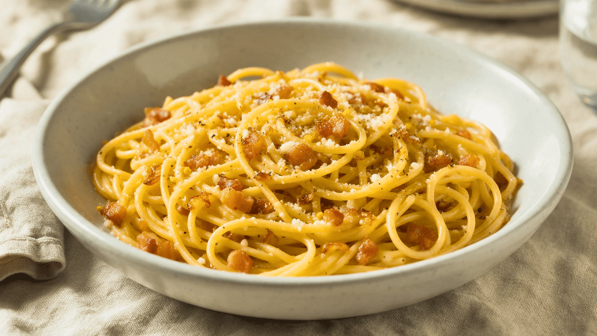 Spaghetti carbonara with browned pork pieces, grated cheese and black pepper in a white bowl.