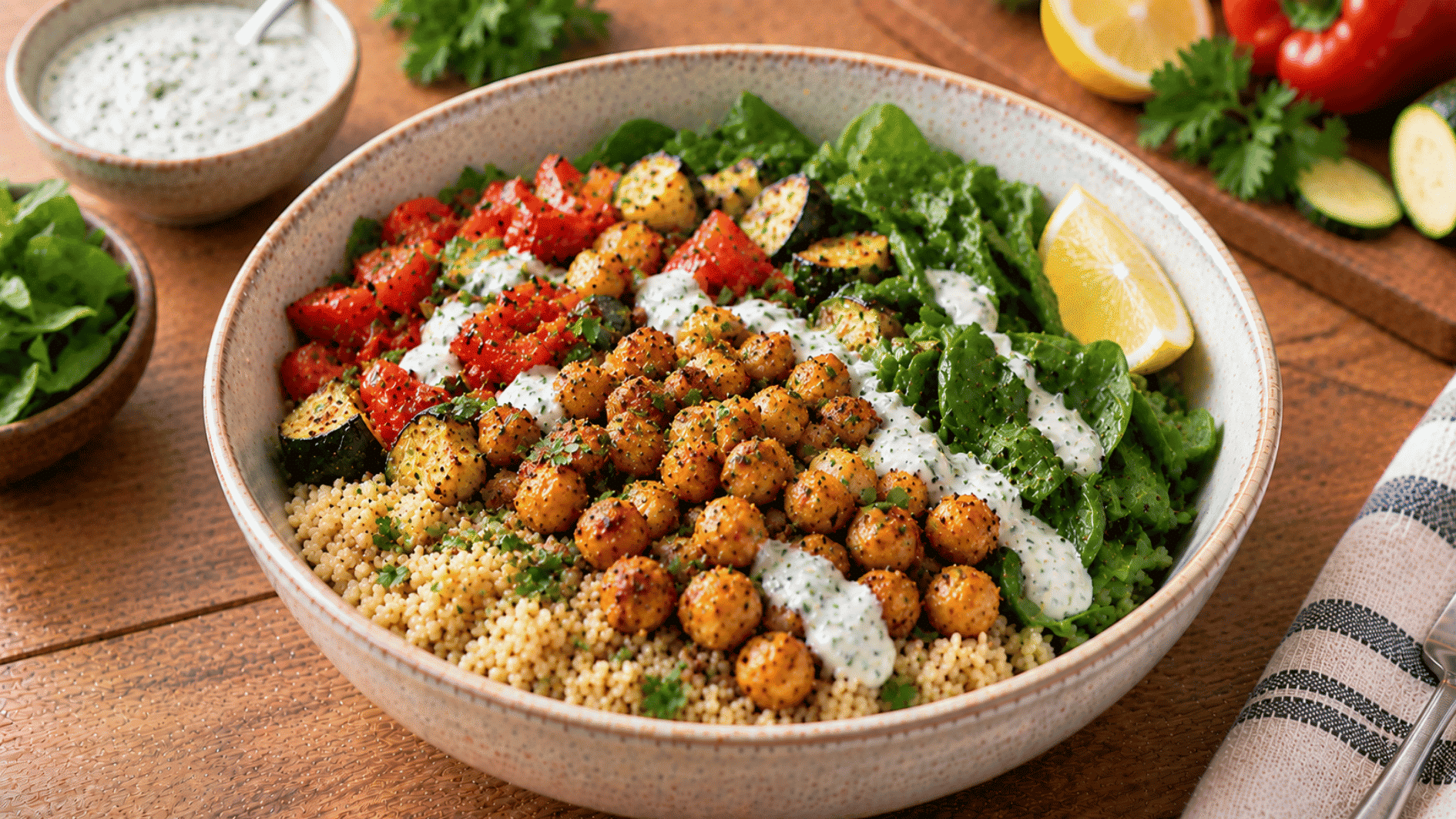 spiced chickpea couscous bowl with peppers zucchini spinach and lemon herb yogurt sauce