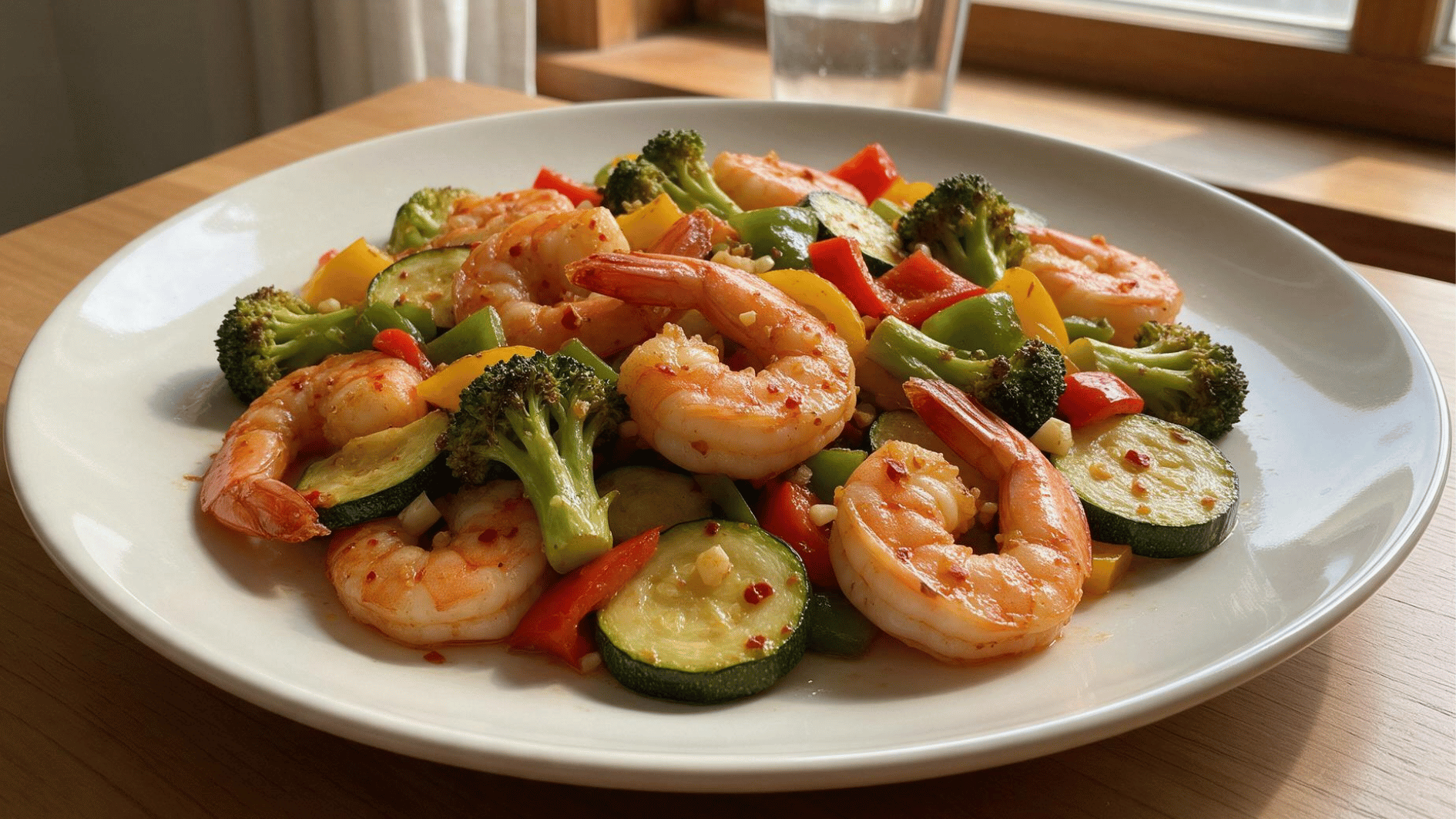 spicy shrimp with roasted broccoli, zucchini, and bell peppers served on a matte stoneware plate