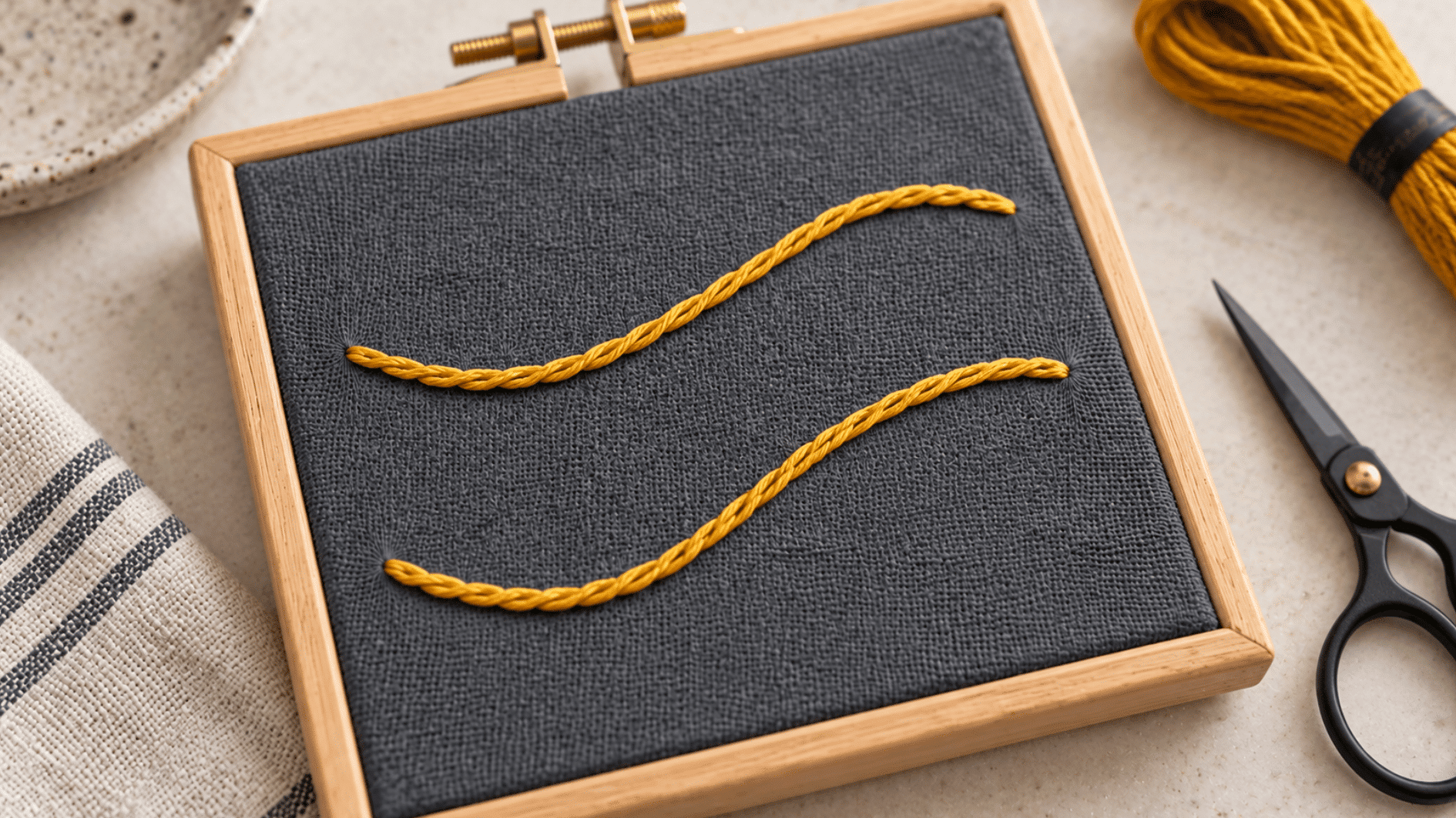 mustard split stitch embroidery on charcoal fabric showing braided curved lines with split thread texture