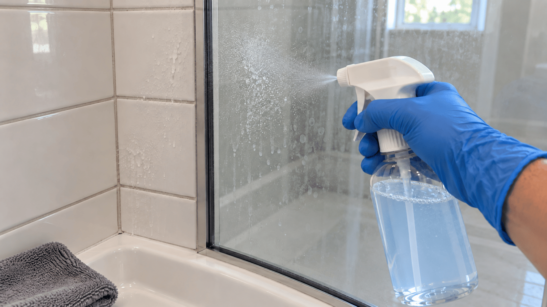 blue-gloved hand spraying homemade cleaner across a glass shower panel