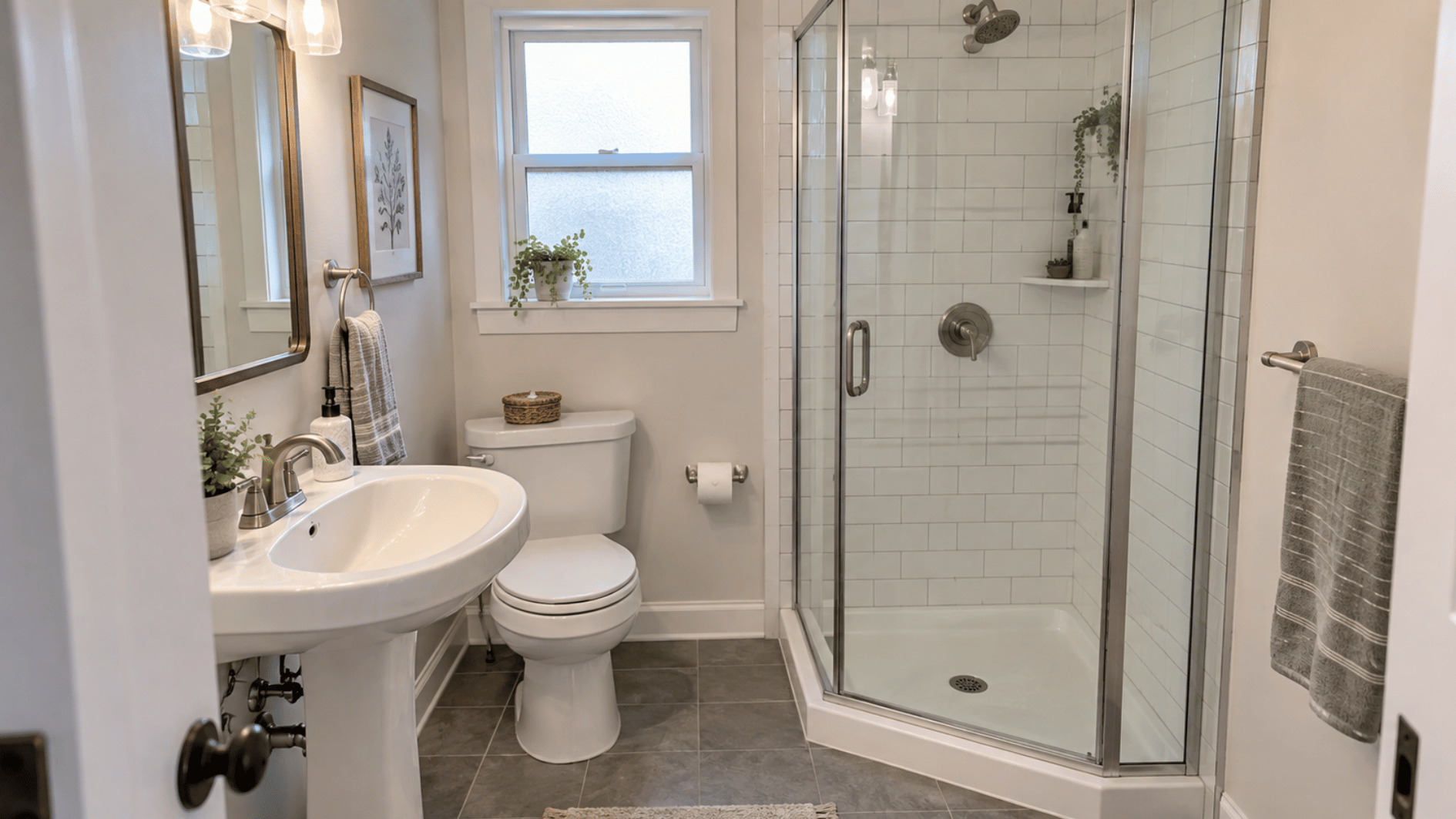 standard 3/4 bathroom with single sink toilet and enclosed corner shower in a compact layout