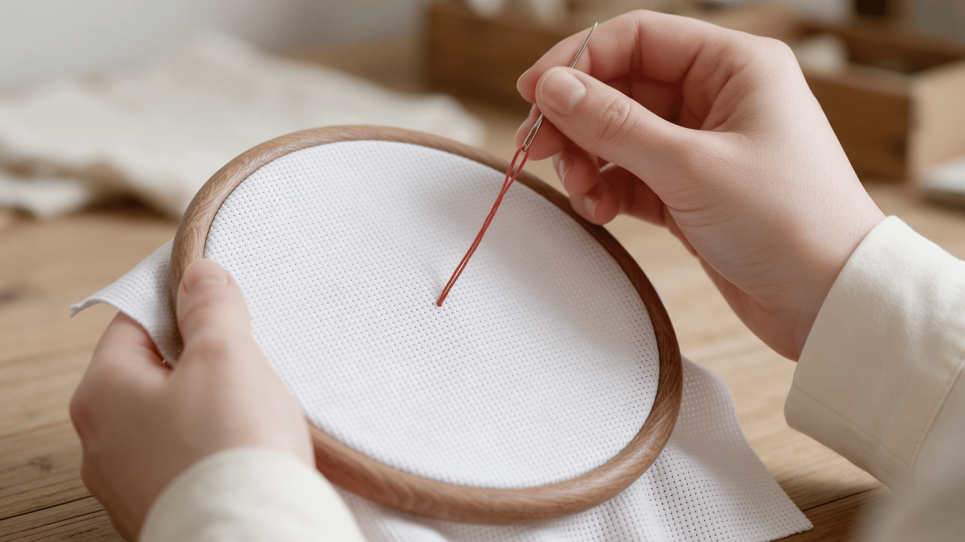 hands holding a wooden hoop while red embroidery floss is pulled through blank white aida cloth to start cross stitch