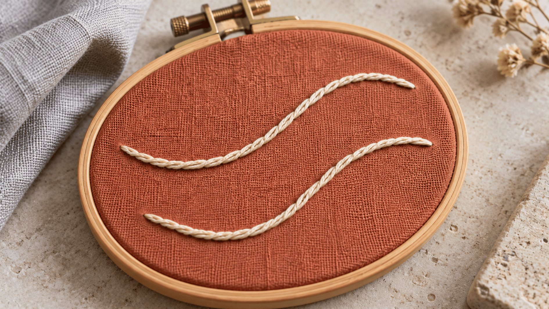 ivory stem stitch embroidery on terracotta linen showing two curved rope-like stitched lines