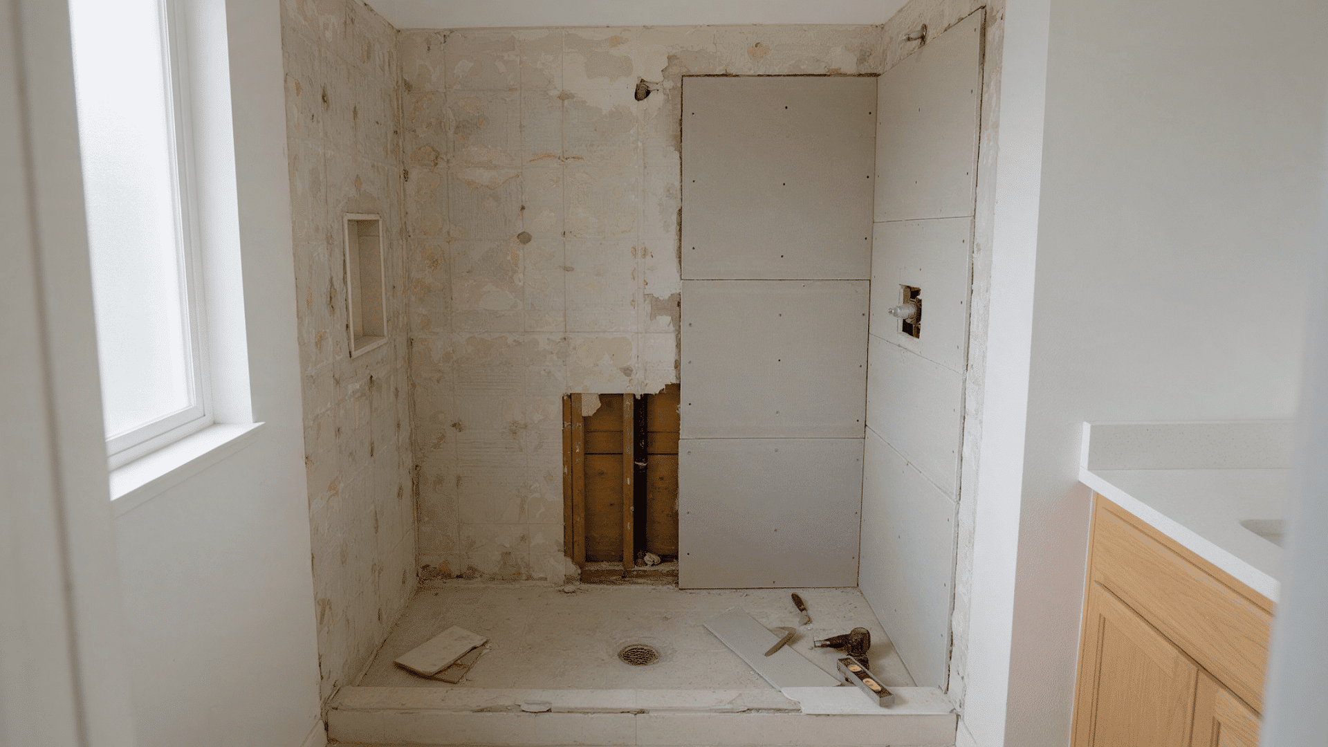Unfinished shower with exposed wall framing, backer board, drain, tools, window and oak vanity.