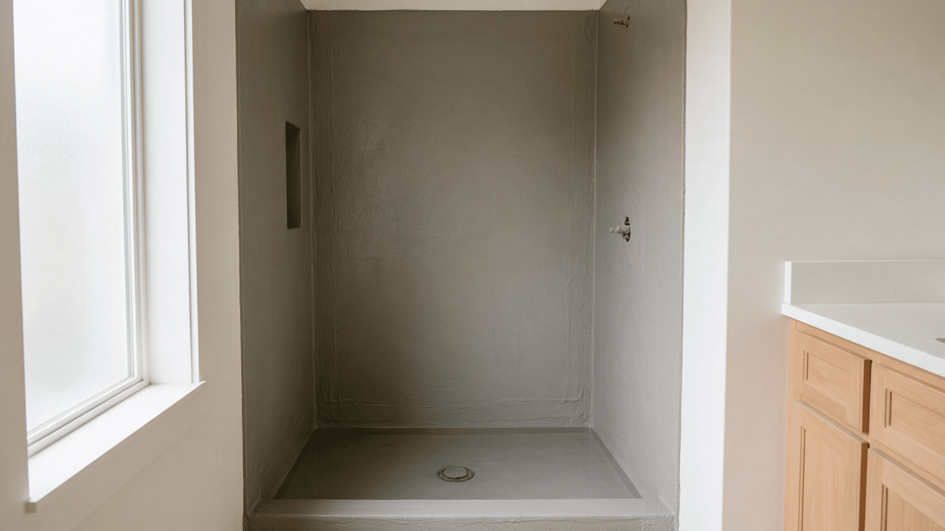 Waterproofed shower walls and floor with recessed niche, round drain, frosted window and oak vanity.