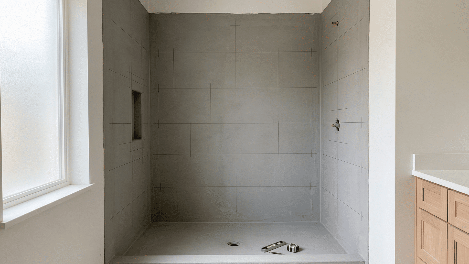 Waterproofed shower with pencil tile layout markings, recessed niche, drain, level and tape measure.